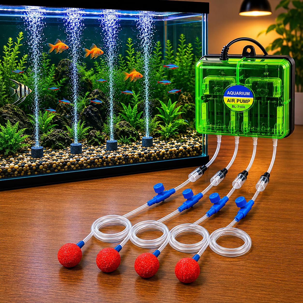 colourful - 4 outlets aquarium air pump with accessories | 8w | adjustable quiet oxygen aerator pump for fish tanks or ponds | model bl-710a with accessories (combo-3)