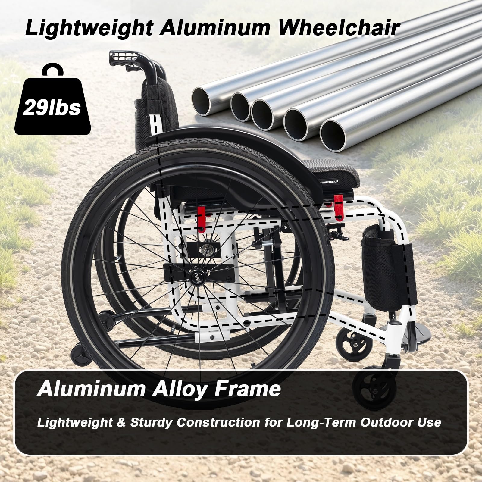 Lekkie, składane wózki inwalidzkie z napędem ręcznym, 13 kg | 24-calowe pneumatyczne koła terenowe, hamulec postojowy, aluminiowe, kompaktowe(White,16.5in Seat Width)