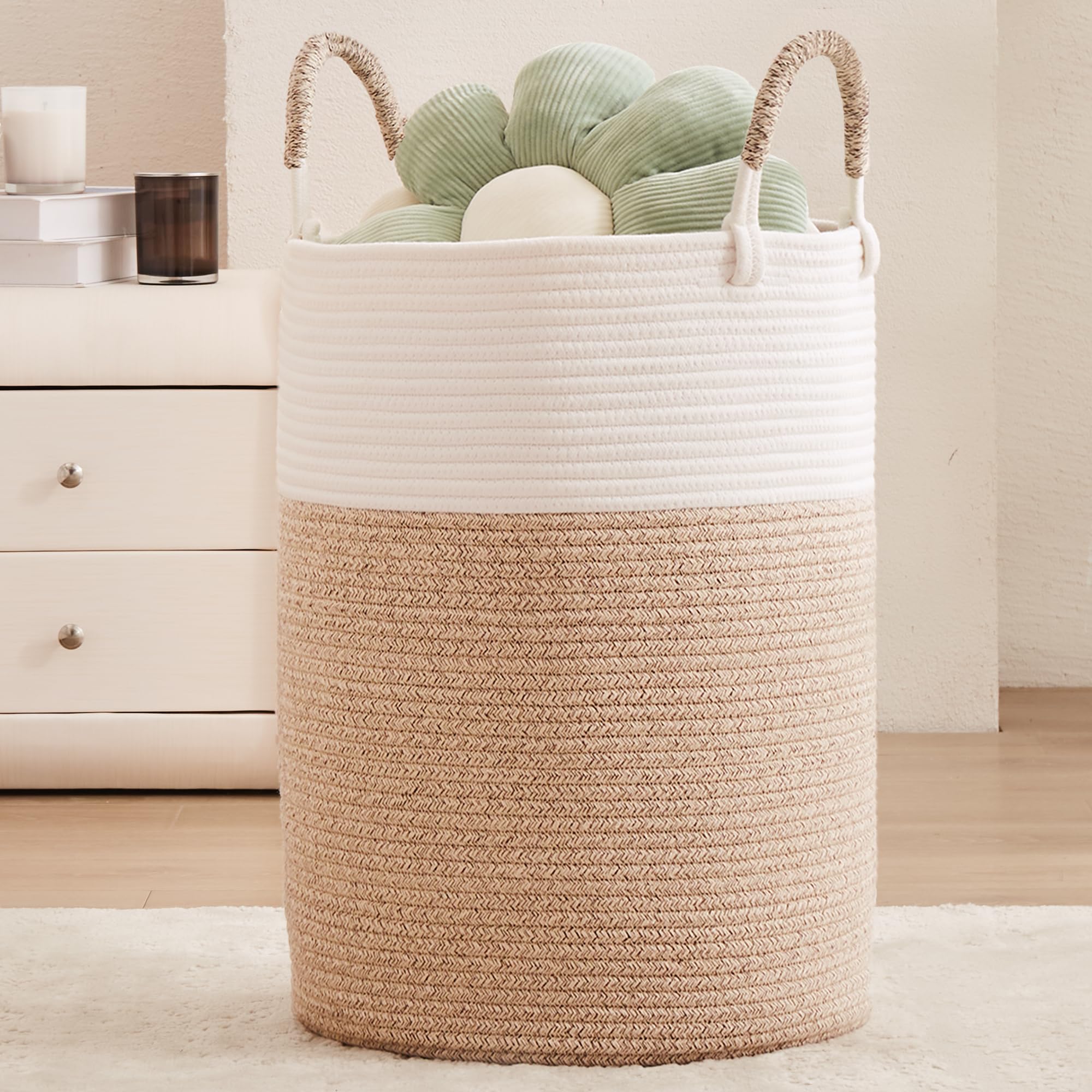 MOJOSCEND 80L Large Hamper Laundry Basket Tall Woven Rope Clothes Hamper Blanket Basket in Living Room Bathroom Bedroom Brown
