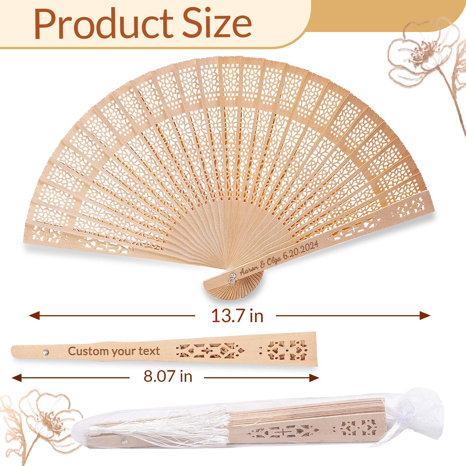 Lot de 100 Éventails Personnalisables en Bois pour Invités de Mariage, Personnalisé Cadeau EVJF & Décoration EVJF, Idéal pour Mariage et Fête d' Été