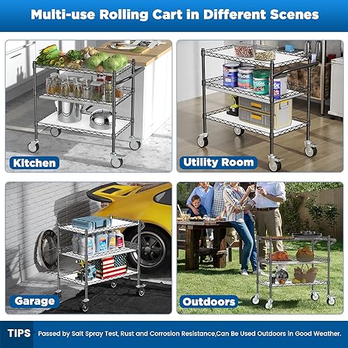 Miniatura 5 de Leteuke Carros rodantes de 3 niveles con ruedas, carrito utilitario rodante resistente de 990 libras, carrito de metal de grado comercial NSF con