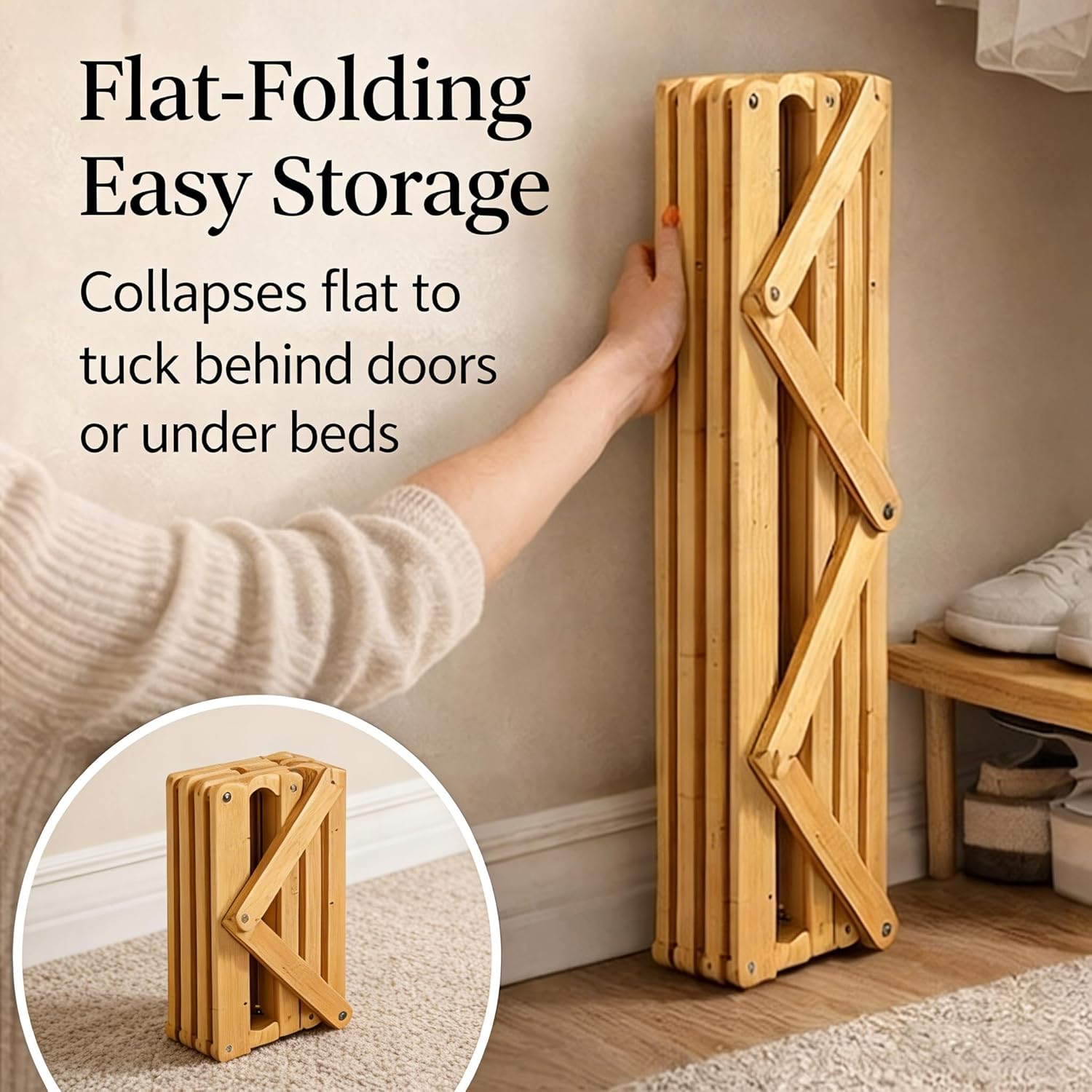 FSXZA 2/3/4/5/6/7/8/9 Tier Bamboo Shoe Rack, Foldable No-Assembly Bamboo Rack, Vertical Slim Shoe Storage for Small Spaces, Tall Narrow Shoe Rack for Entryway & Closet (3 Tier)