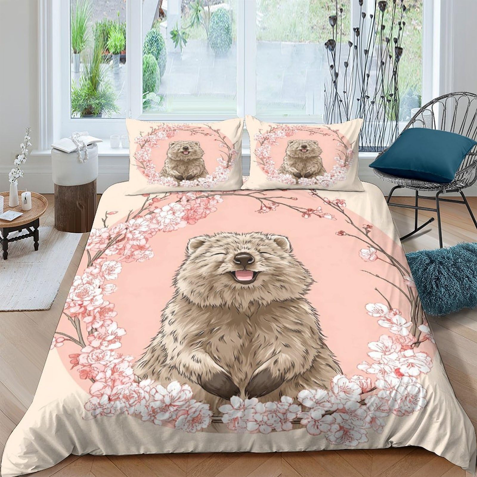 GPLZQXKJNH 3D Printed Wombat Blossom Duvet Cover Microfiber Soft Breathable Sakura Bedding Set with 2 Pillowcases for Bedroom Decor Single（135x200cm）