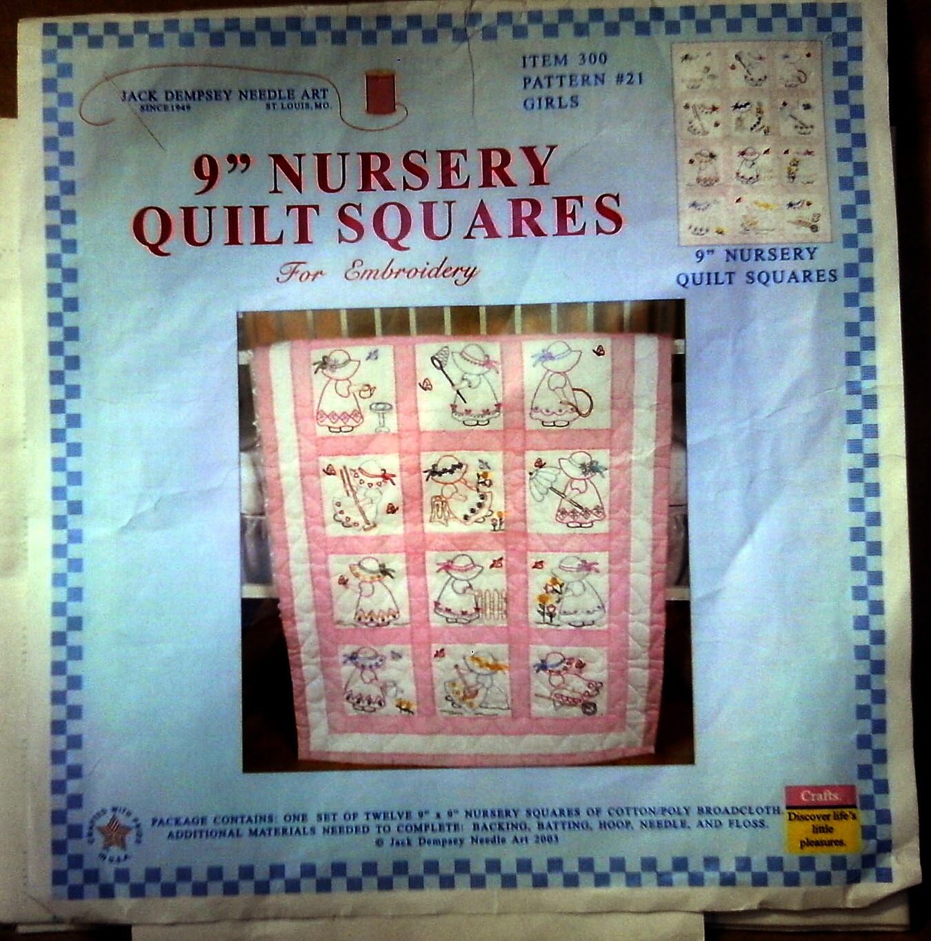 Jack Dempsey Needle Art Girls 9" Nursery Quilt Blocks