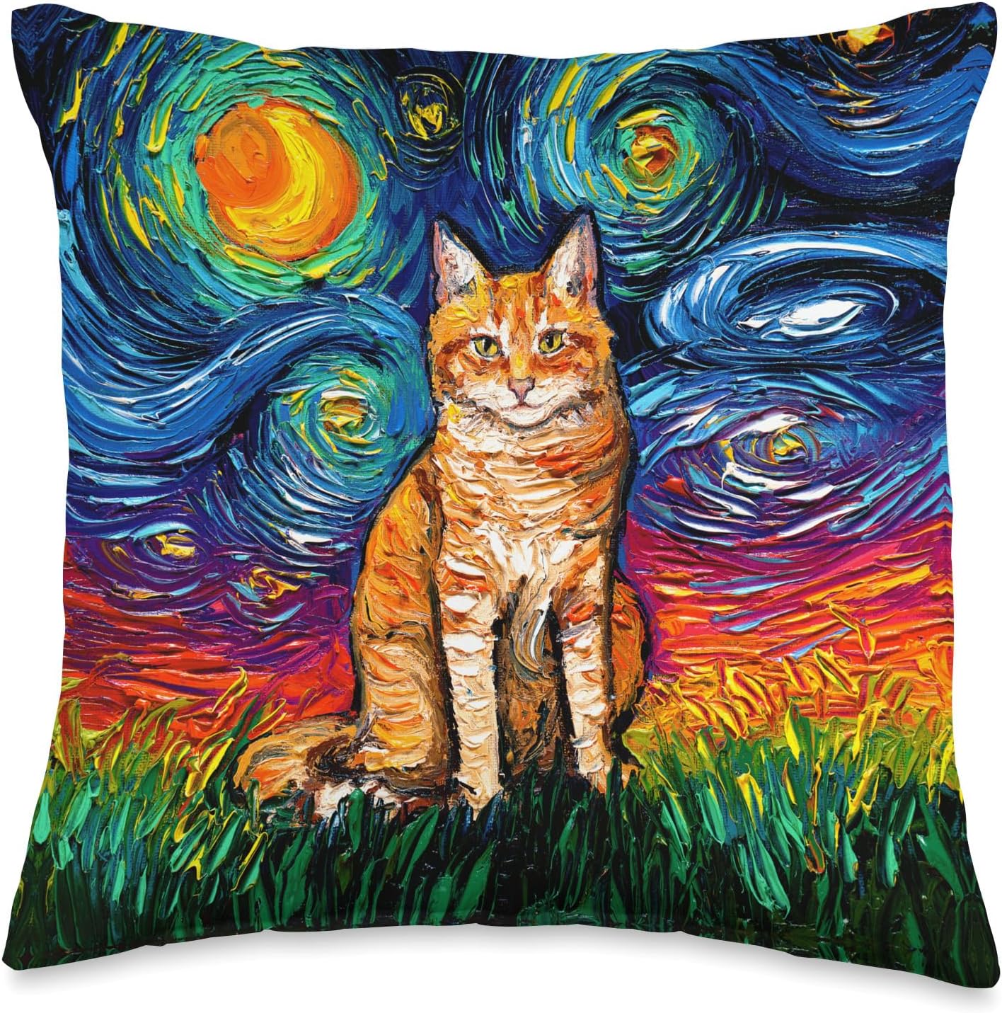 Orange Tabby Tiger Cat Starry Night Colorful Kitty Artwork Throw Pillow