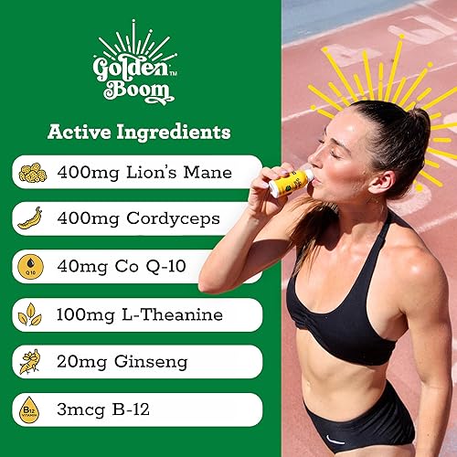 Miniatura 3 de Blaze N Chill Golden Boom Mushroom Shot  Bebida de enfoque y resistencia con melena de león, cordyceps, B-12 y ginseng, hongos naturales, jengibre