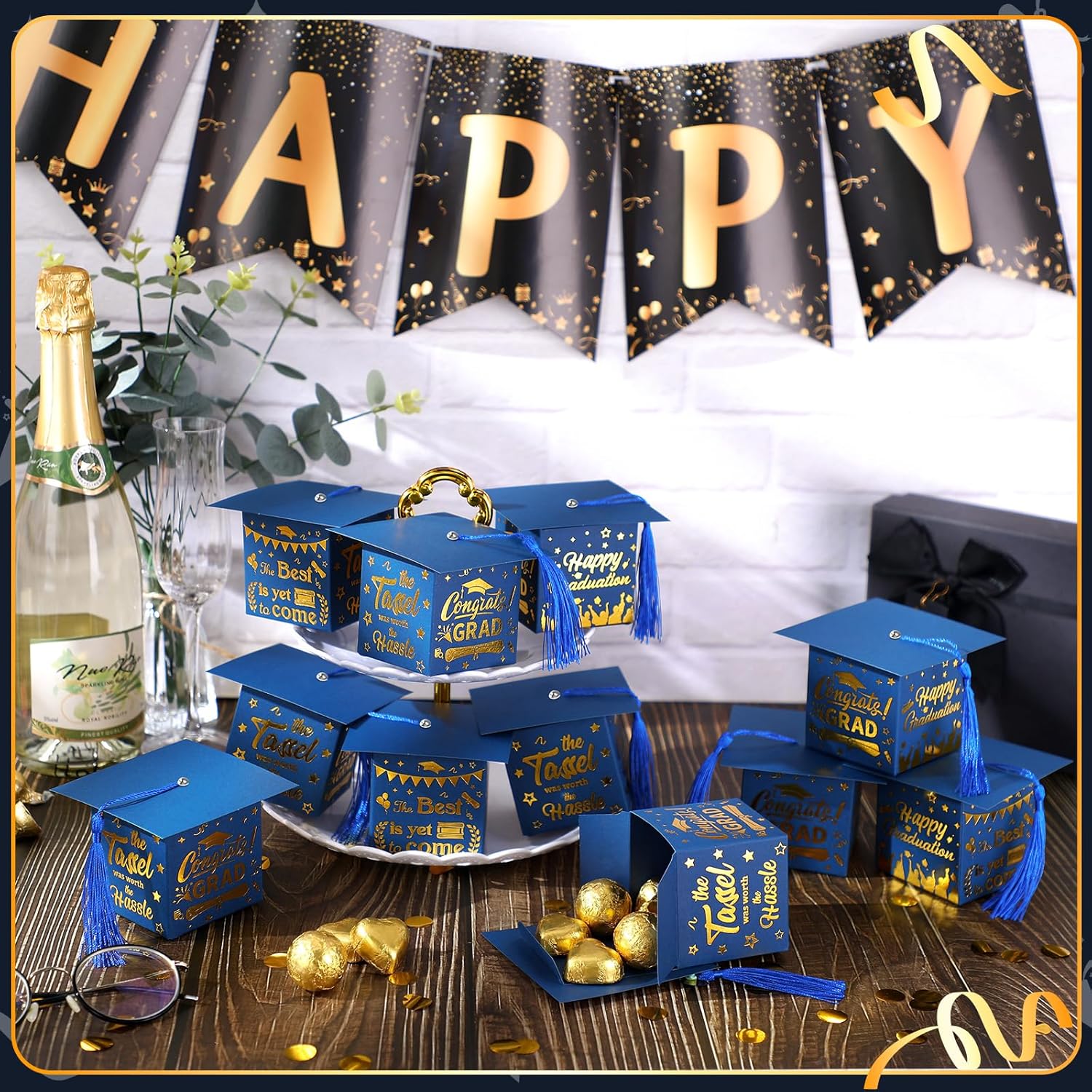 Crtiin 100 Pcs Graduation Candy Boxes with Tassel Graduation Party Favors 2024 Graduation Gifts Graduation Decorations Grad Cap Candy Box for Candy Biscuit Chocolate Supplies (Blue and Gold)