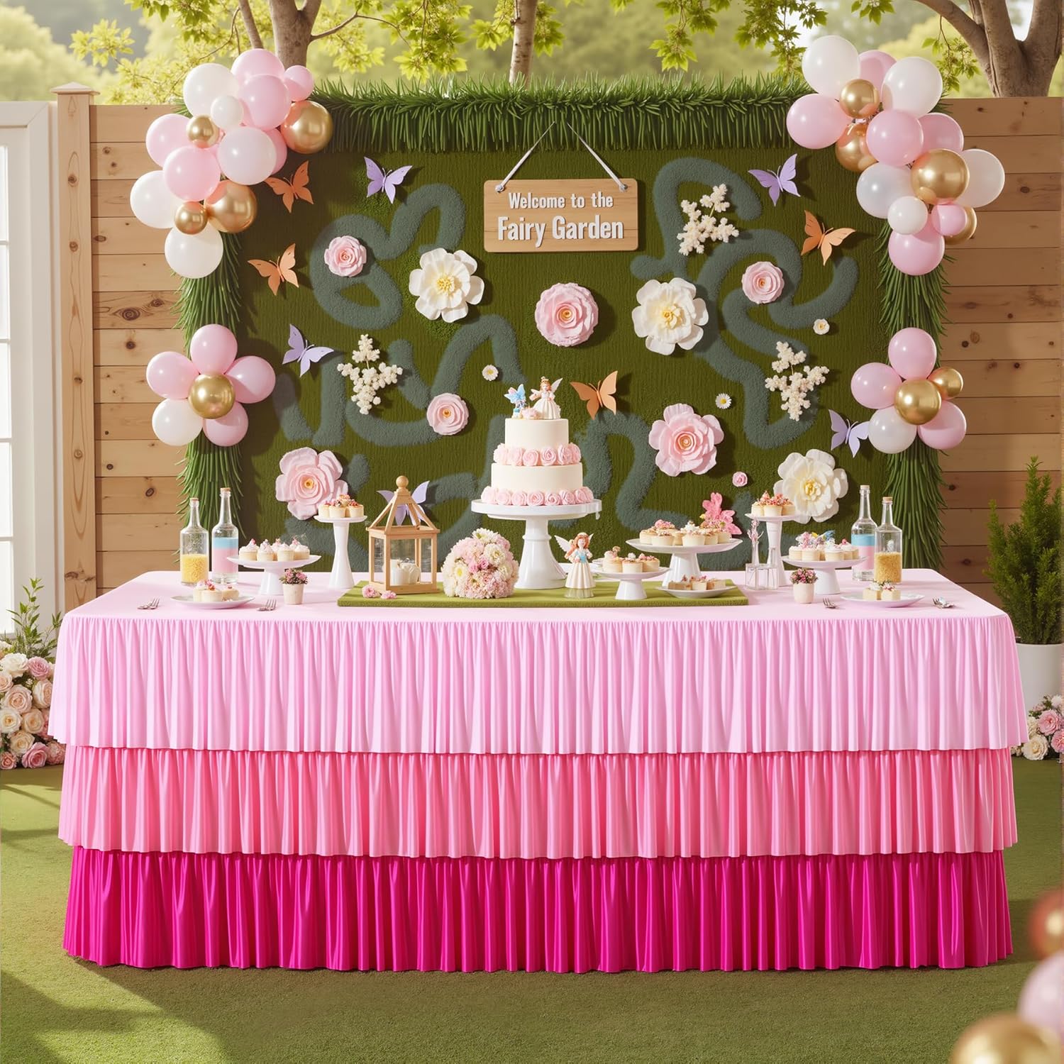 gogoparti Pink Tablecloth Tutu Table Skirt with Ruffle for 6 Foot Rectangle Table, Stretch Elastic Pink Table Cloth Cover for Baby Shower Birthday Princess Party, Teacher Desk Classroom Banquet Decor