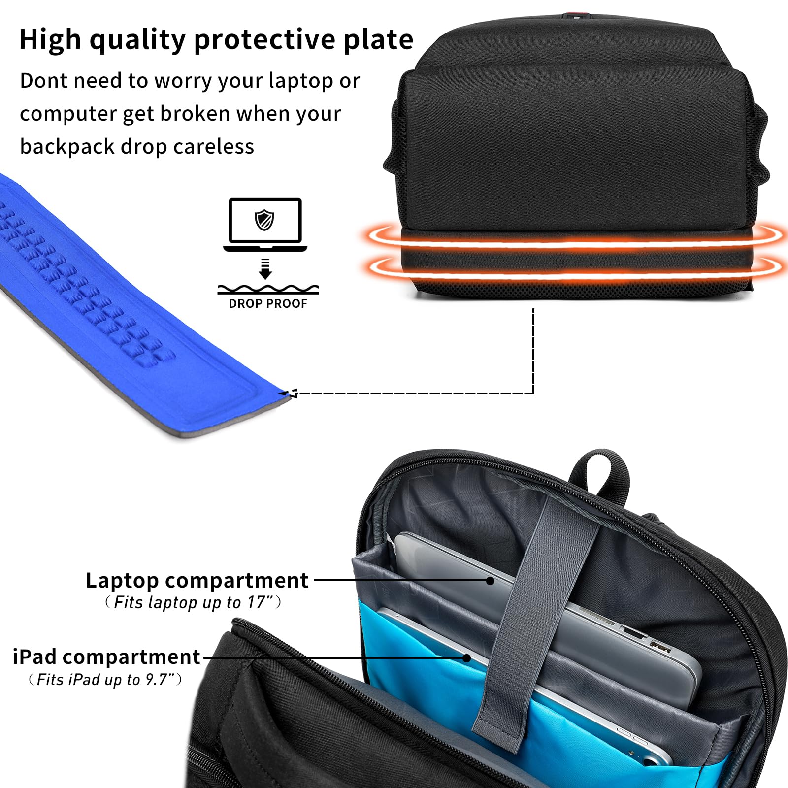 DUSLANG 17 Inch Laptop Backpack for Travel with Backpack Rain Cover College Backpack for Men Laptop Bag with USB Charging Port,Black