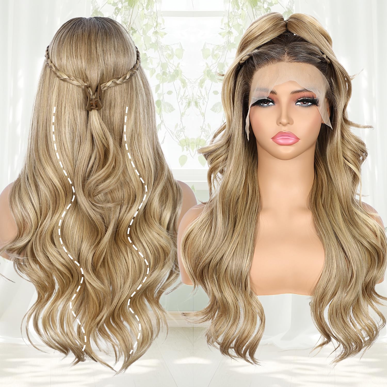 SOMIARIK 13x4 Lace Front Short Wavy Dark Blonde With Dark Roots Wigs Balayage Synthetic Lace Front Wigs Pre Plucked with Baby Hair 150% Density Party Date Daily Wear 22 Inch - Image 2