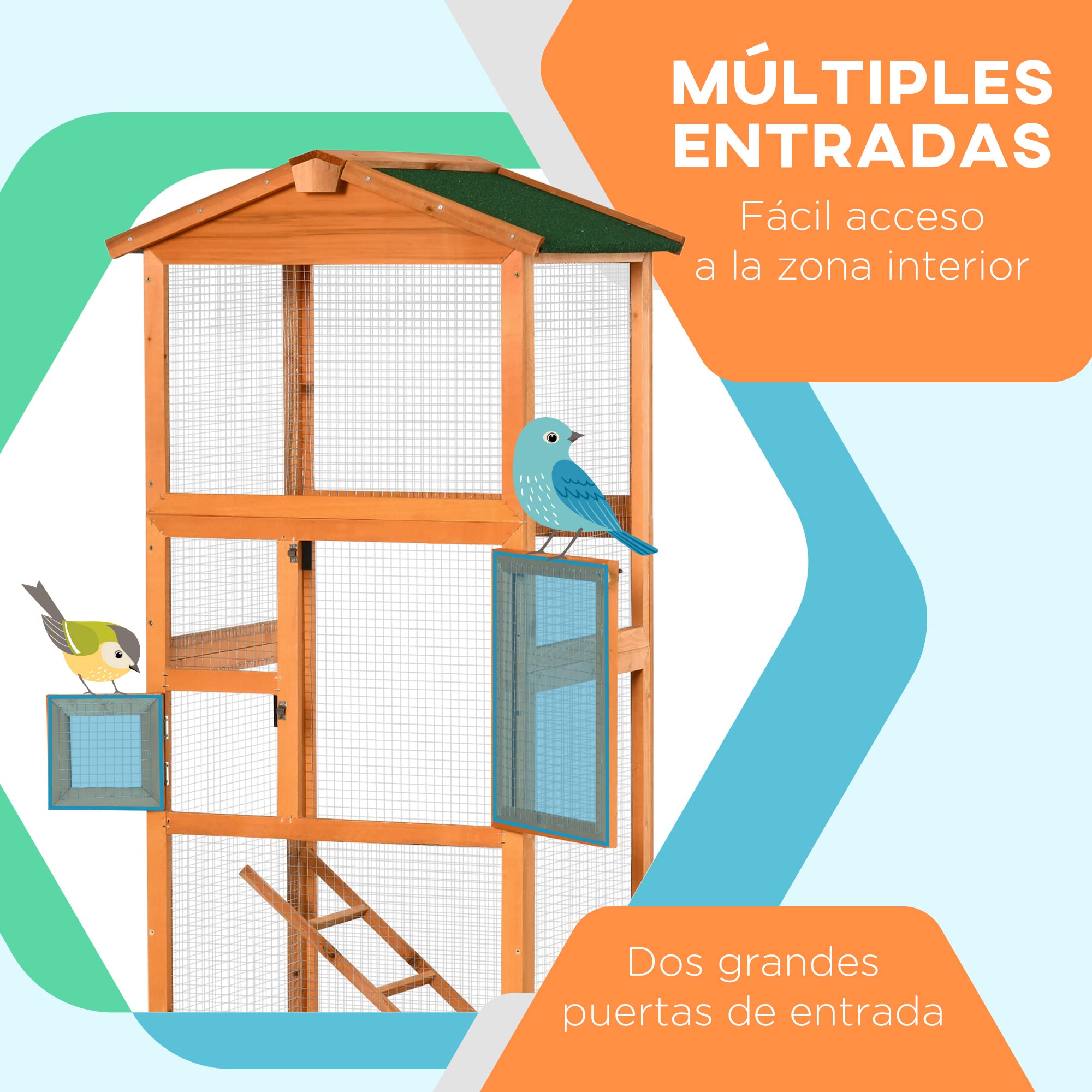 PawHut Jaula para Pájaros Grande 68x63x165 cm Madera | Pajarera de Madera de Abeto, 2 Puertas, Bandeja Extraíble, Techo Asfáltico