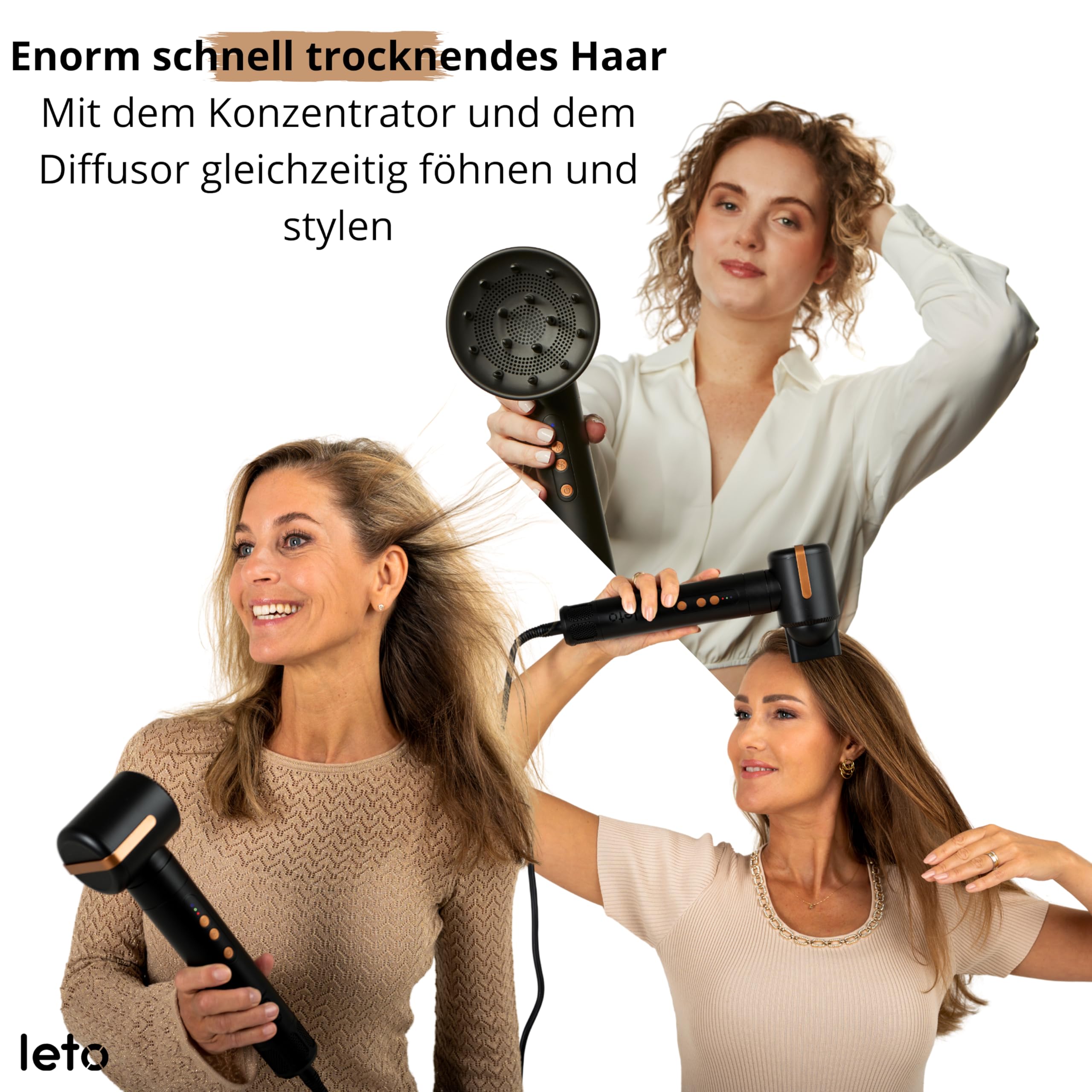 Leto 7-in-1 Warmluftbürste & Föhn – Rundbürste, Lockenaufsätze, Waver, Glättaufsatz, Diffusor, Konzentrator, Coanda, Ionen, 1400W BLDC