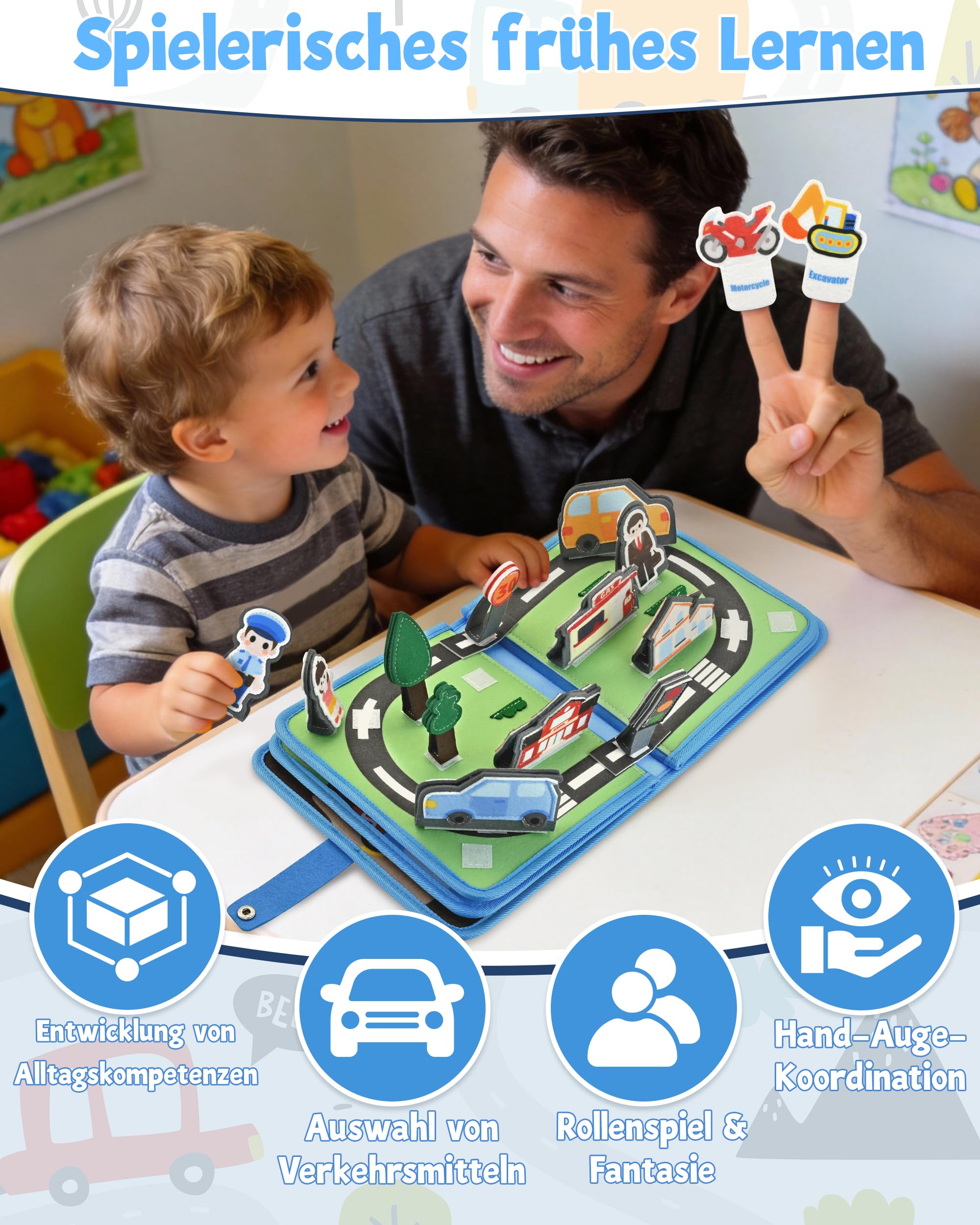 Busy Board ab 1 2 Jahr, Montessori Spielzeug Baby Filzbuch Transport Busy Book mit 3D-Verkehrsszenen, Flugzeug Beschäftigung Kinder, Ostergeschenke Basteln Jungen Mädchen
