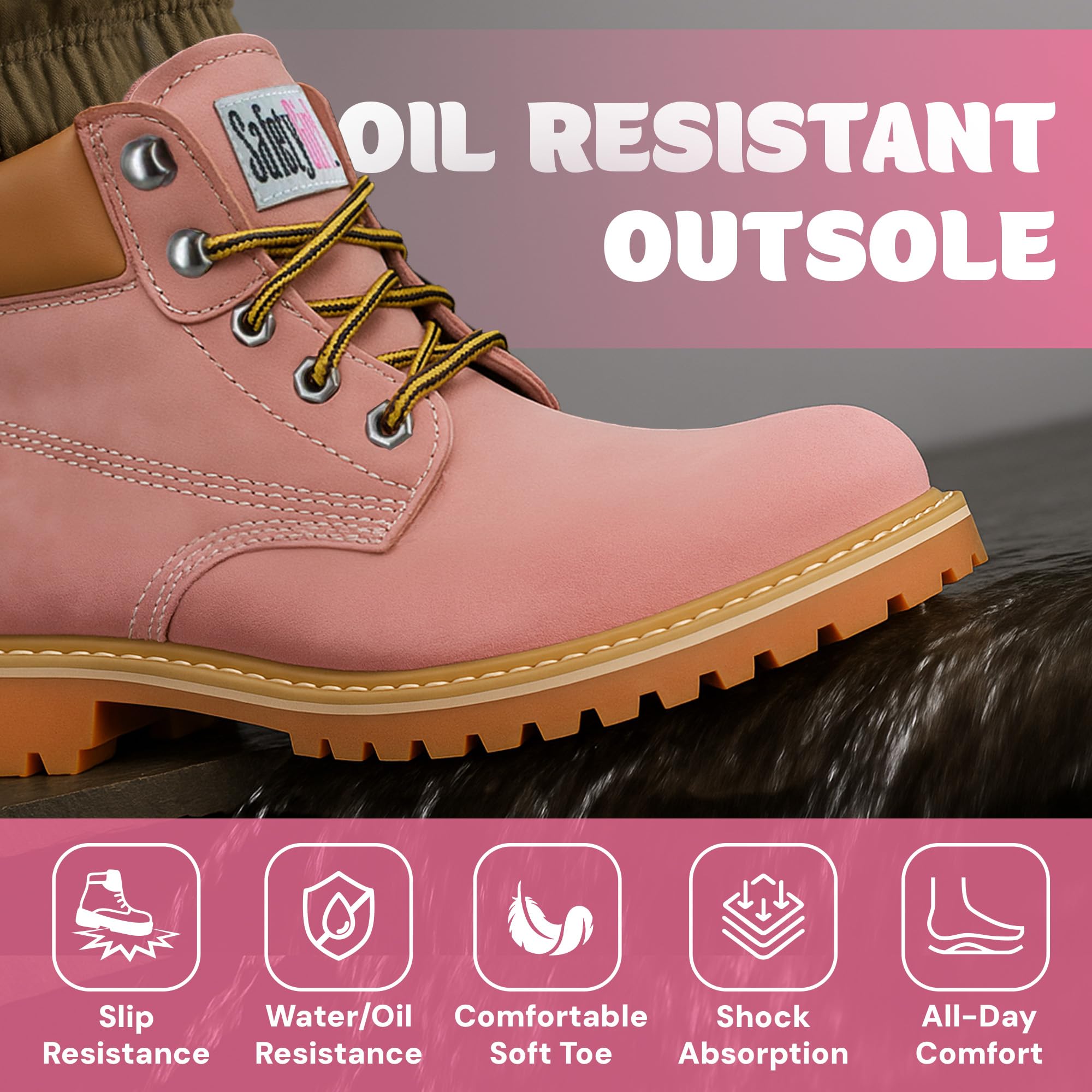 Safety Girl Steel Toe Boots for Women - Light Pink-5W | Water Resistant Work Boots for Women Soft Toe Boots | Slip Resistant Work Shoes | Lightweight Nubuck Leather for Comfort and Style product thumbnail 5