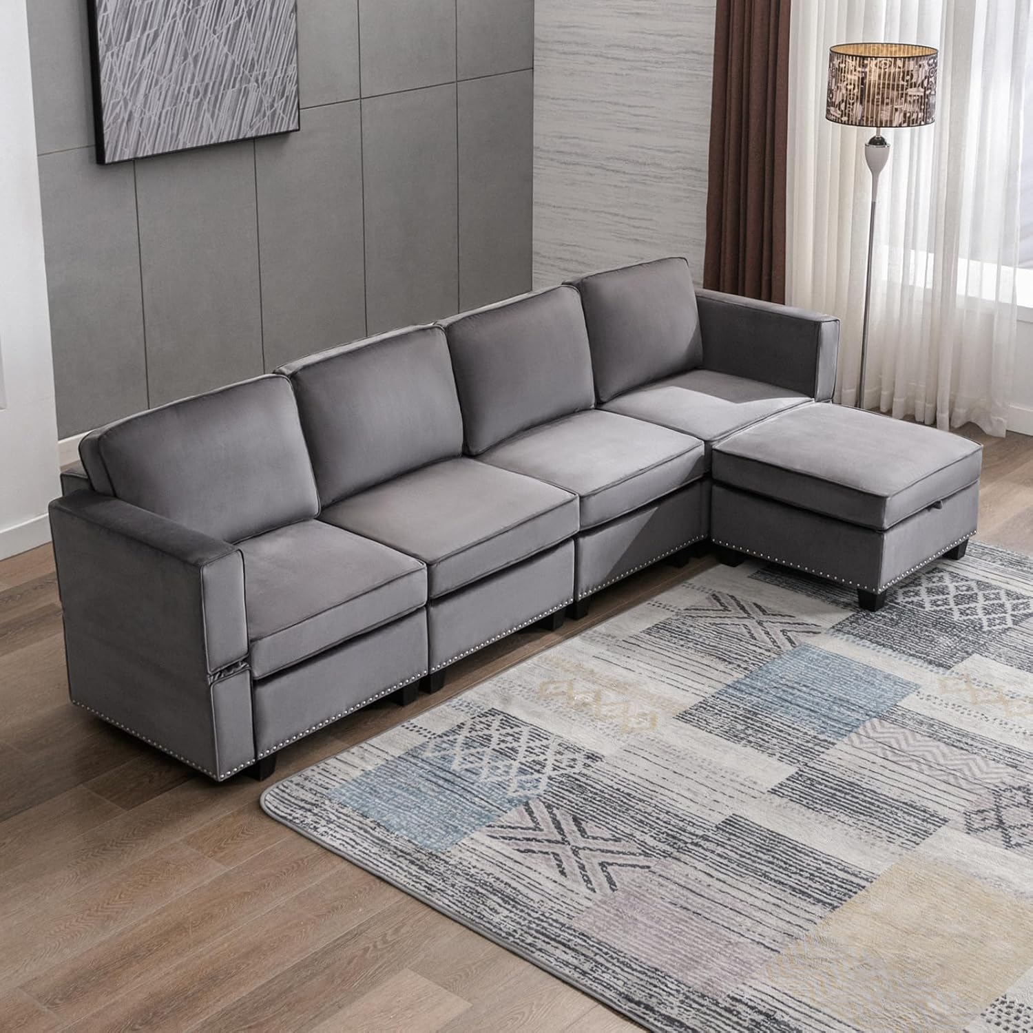 BALUS L Shaped Sofa for 4 with Storage Ottoman, Modern