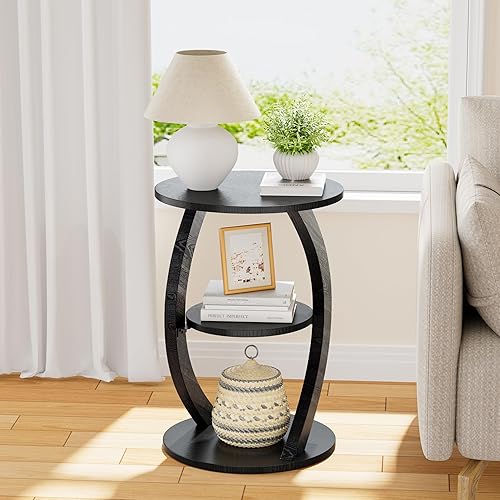Miniatura 4 de Mesa auxiliar redonda, mesa auxiliar moderna con estante de almacenamiento, mesita de noche de madera de diseño curvo, mesa decorativa de 3 niveles
