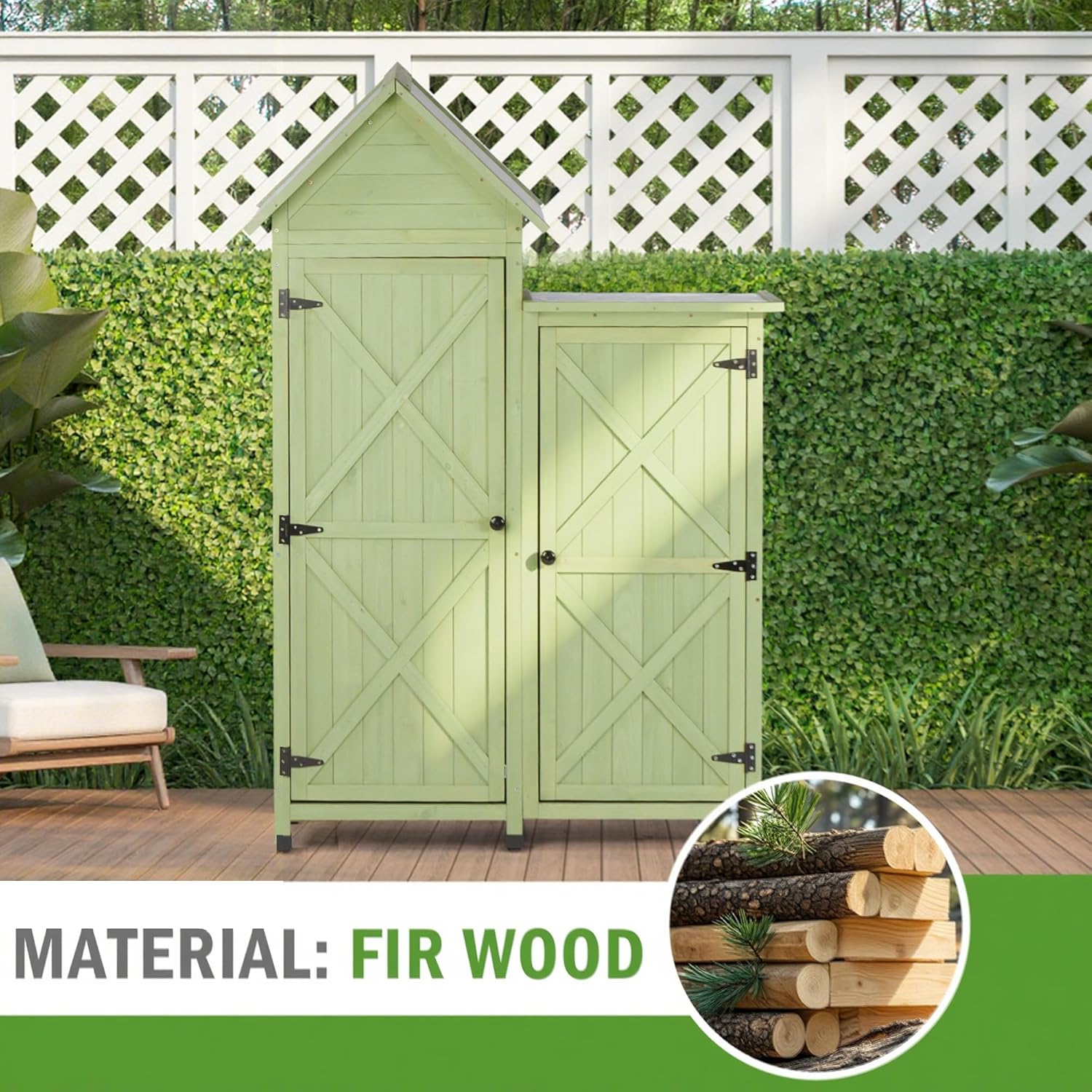 Wooden Outdoor Storage Cabinet Set,Waterproof Metal Roof & Wooden Vertical Design, Garden Tool Shed with Multiple Shelves for Patio, Backyard, Lawn, Yard,Green