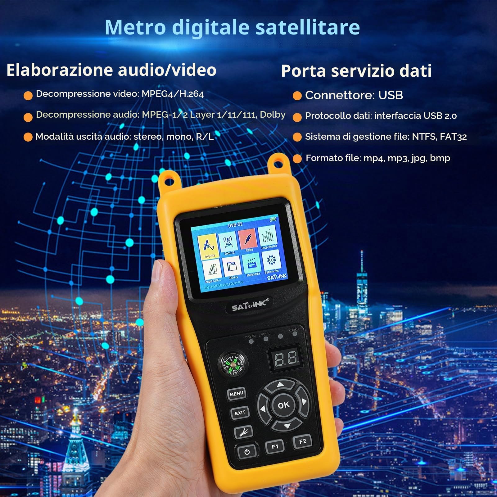 Satlink ST-5032 DVB-S2/S ISDB-T J83B Misuratore di segnale satellitare digitale da 950 a 2150 MHz Schermo LCD TFT da 2,4 pollici Misuratore di potenza del segnale con bussola Dispositivo