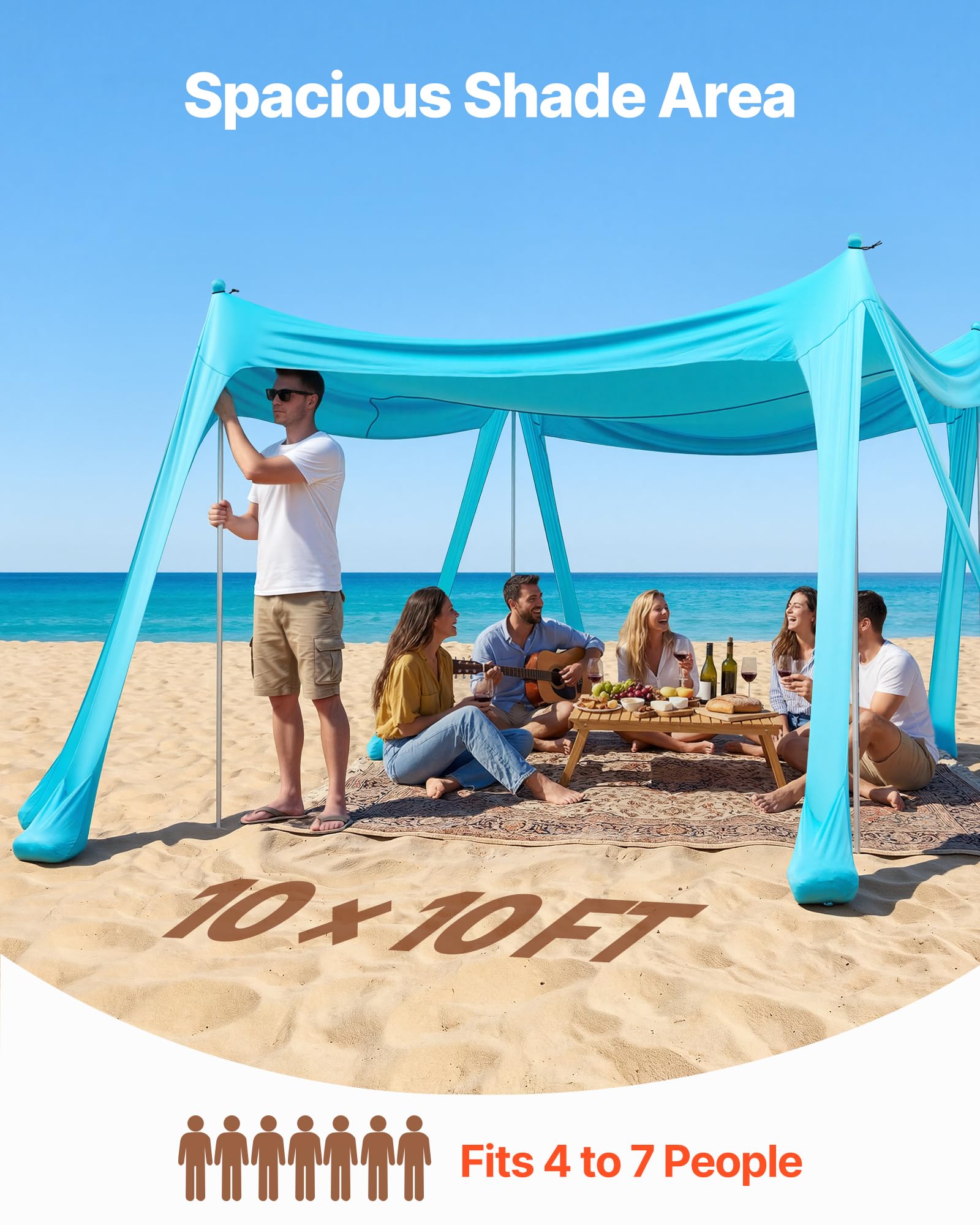 VEVOR Tenda da Sole Portatile da Spiaggia Parasole Portatile da Spiaggia Protezione Solare UPF 50+ Capienza ca. 4-7 Persone, Parasole con Pali di Supporto Sacchi di Sabbia per Viaggio Campeggio, Verde