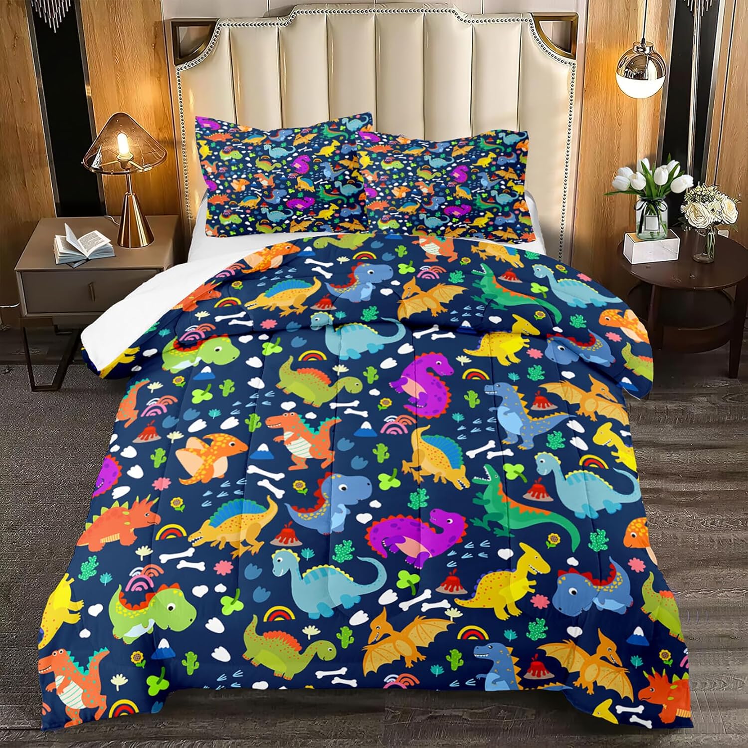 Dinosaur Comforter Set Queen - Cartoon Dinosaur Bedding Boys Comforter Set Soft Breathable Blue Dinosaur Quilt Kids Queen Size Bedding Set for All Season, 1 Comforter 2 Pillowcase