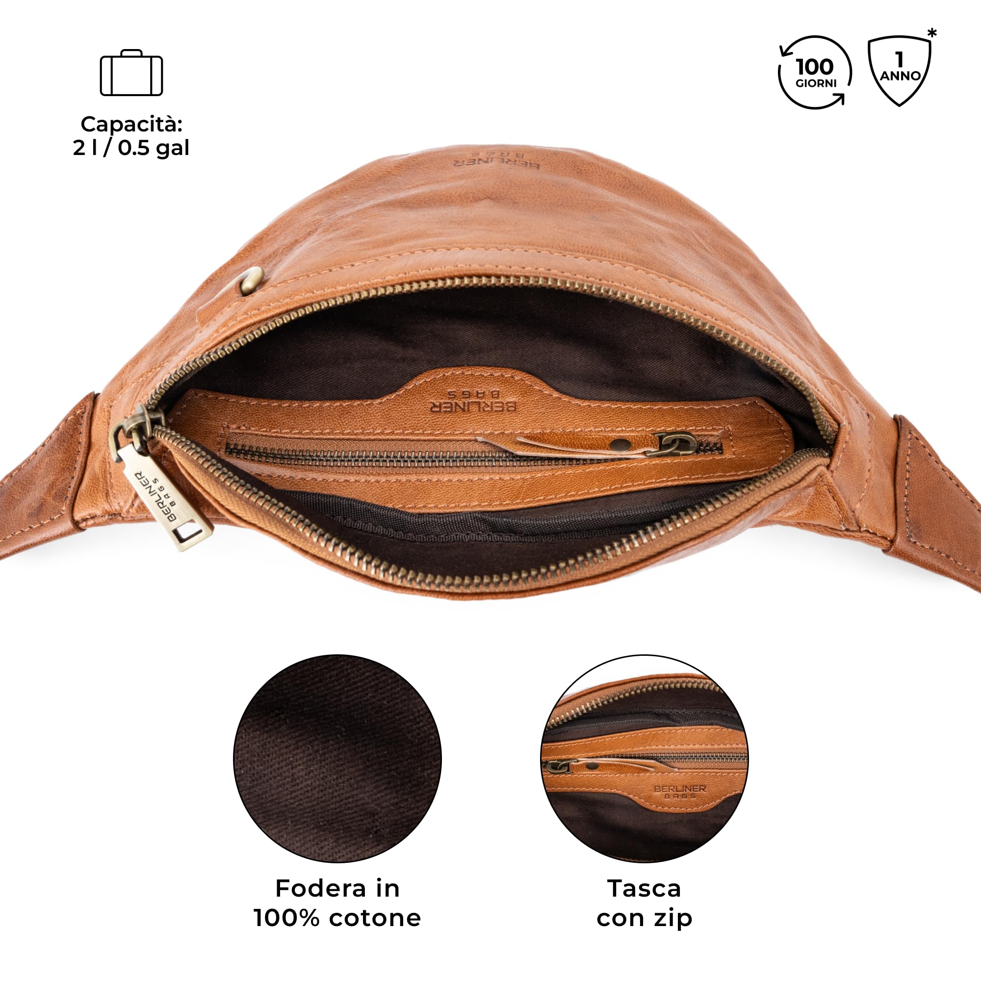 Berliner Bags Marsupio da Cintura Turin, Waist Bag Unisex Regolabile, Marsupio Uomo e Donna – Marrone