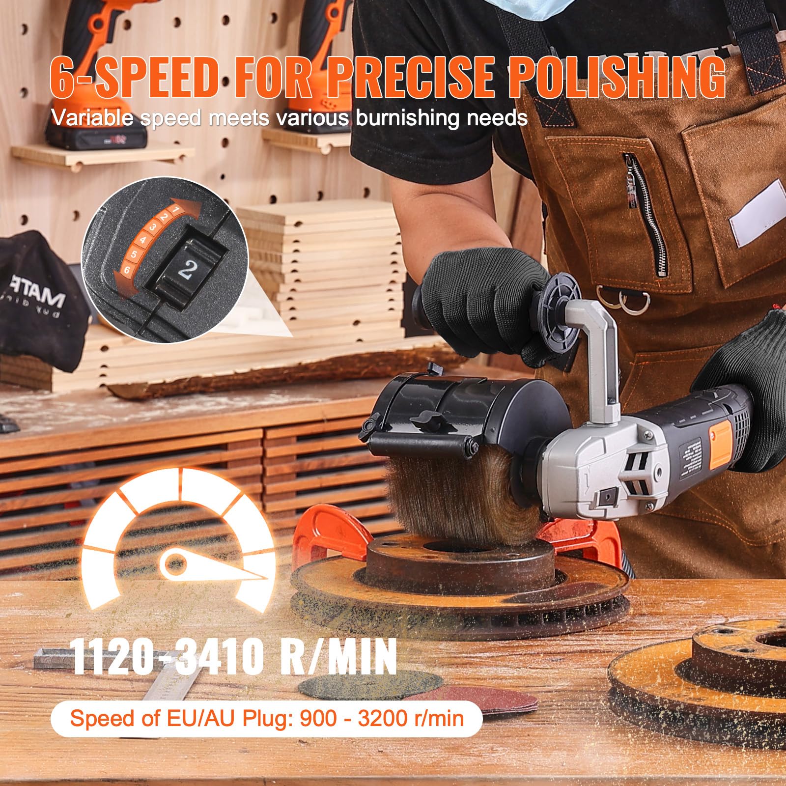 VEVOR Lucidatrice Brunitura 1300 W Strumento per Condizionamento Superficie 6 Velocità Regolabile, Lucidatrice Elettrica Portatile, Mola per Lucidare Filo d'Acciaio, per Acciaio Inox, Metalli, Legno