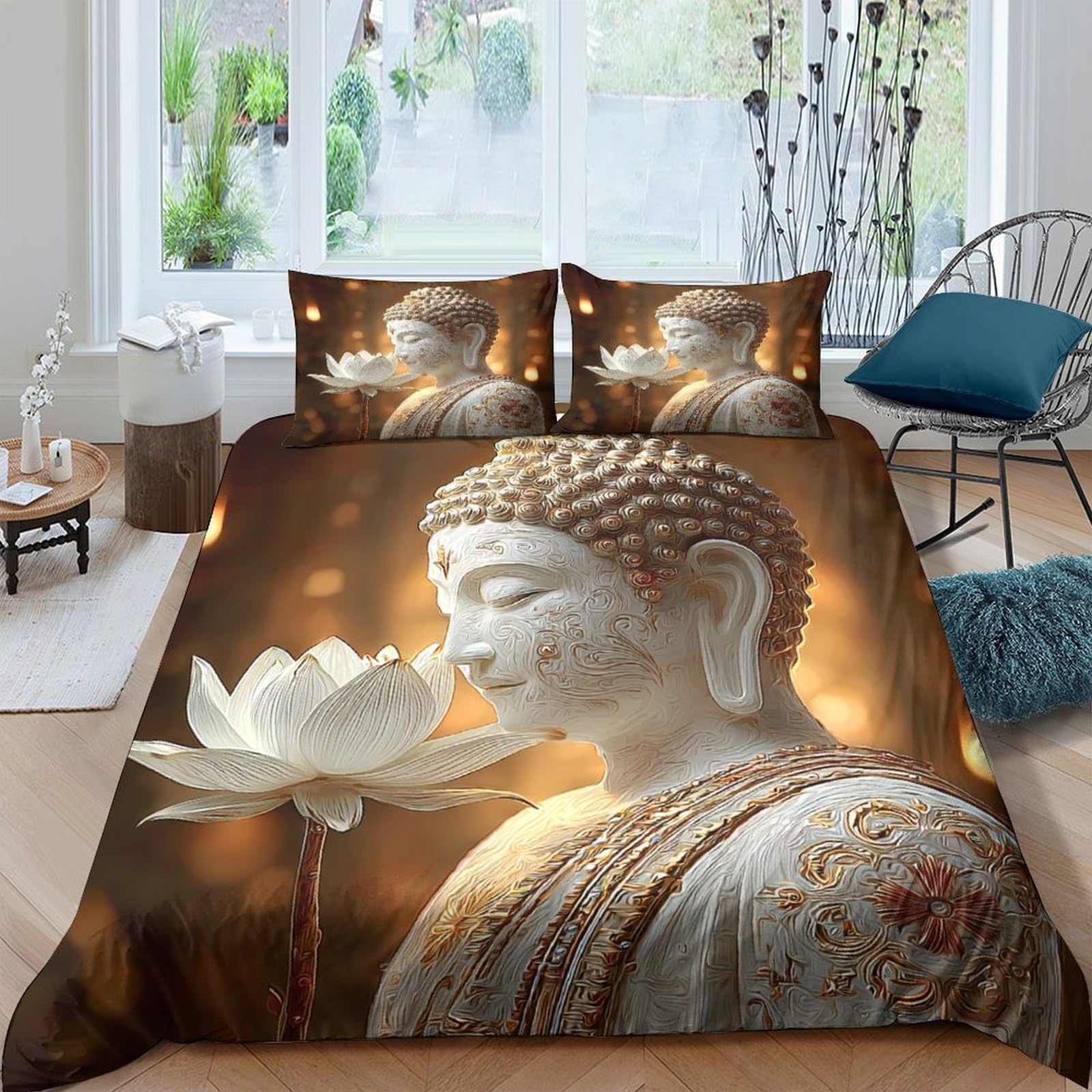 GPLZQXKJNH 3D Printed Buddha Statue Lotus Duvet Cover Microfiber Soft Breathable Meditation Zen Bedding Set with 2 Pillowcases for Bedroom Decor, Single（135x200cm）