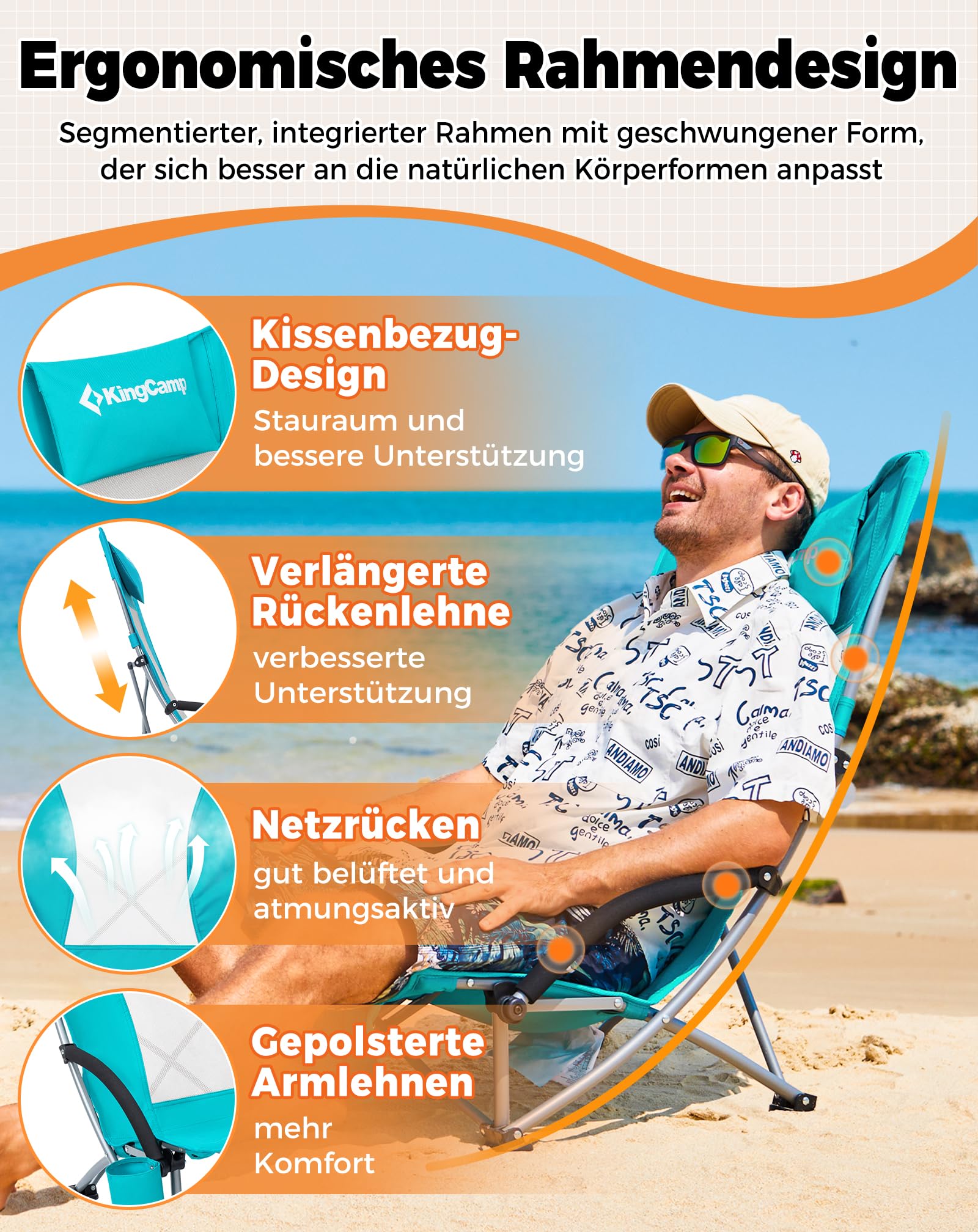 KingCamp Niedrig Strandstuhl Klappbar Leicht, bis 180 kg Belastbar, Campingstuhl Strandstuhl Faltbar mit Hohe Netzrückenlehne, Klappstuhl Strand mit Getränkehalter Netztasche, Strandsessel Cyan