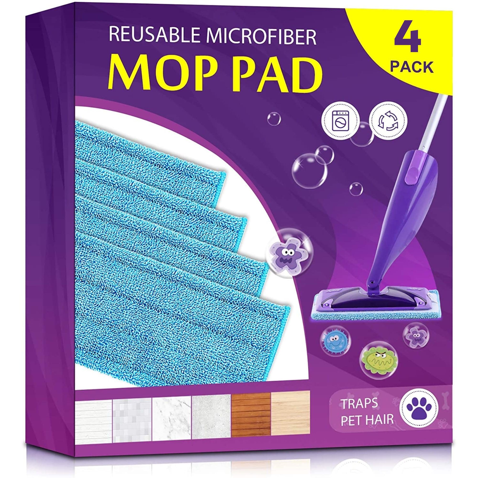 Flammi Reusable Mop Pad (UP to 100X) for Swiffer Wet Jet Spray Mop & All 10-12 Inch Flat Mop, Multi-Surface Cleaning Pad Washable Microfiber Wet Dry Mop Cloth, 4 Pack