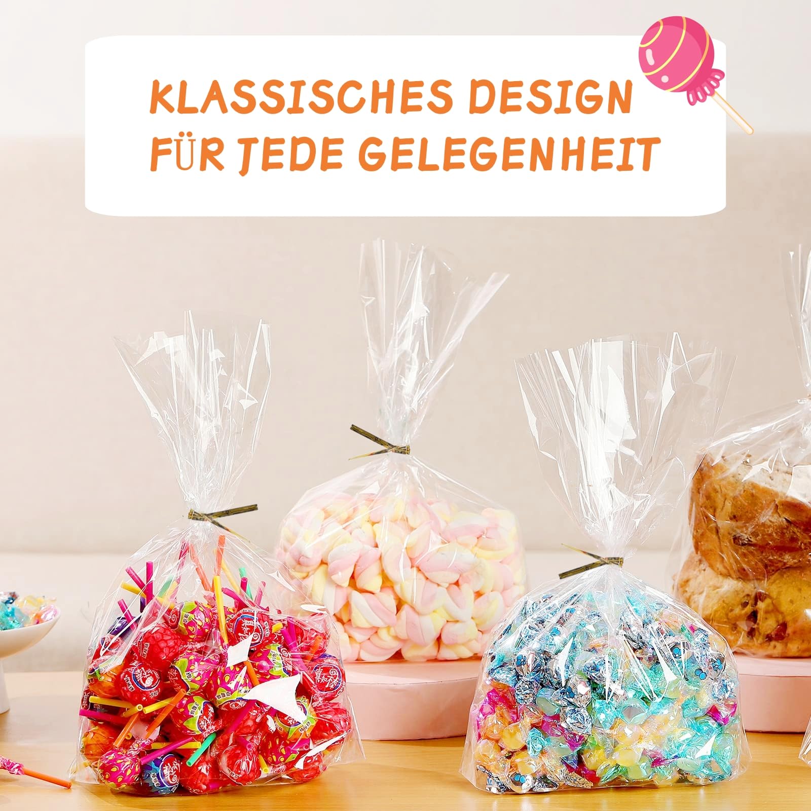TAKUZA 100 sacchetti di cellophane grandi, in cellophane trasparenti, con 100 nastri dorati, trasparenti, per caramelle, biscotti, torte (25 x 15 cm