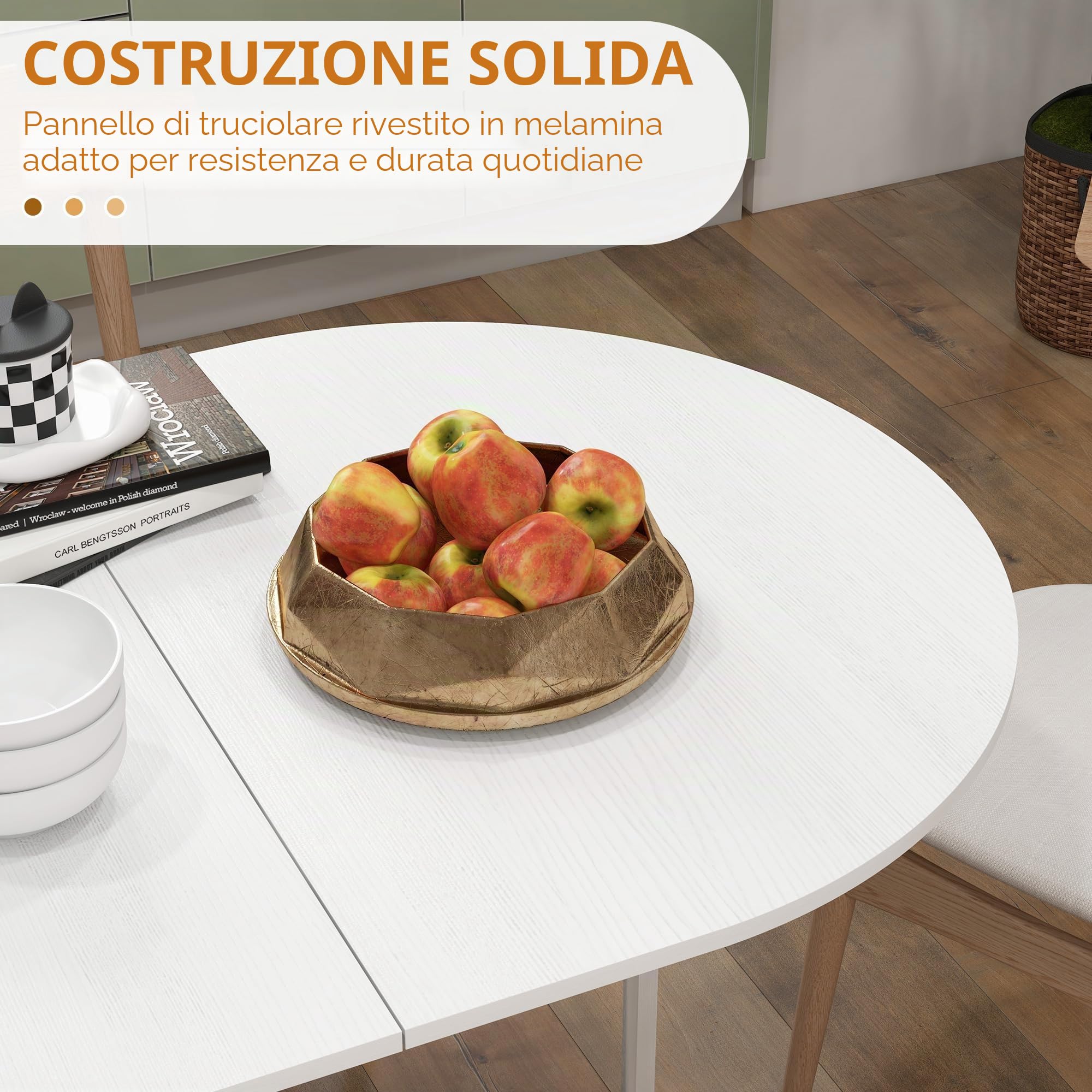 HOMCOM Tavolo da Pranzo Pieghevole, 163x80 cm Scrivania Richiudibile Salvaspazio con 2 Ribalte Ovale per 6 Persone, Tavolo Cucina a Ribalta, Ideale per Soggiorno, Casa, Ufficio, Bianco