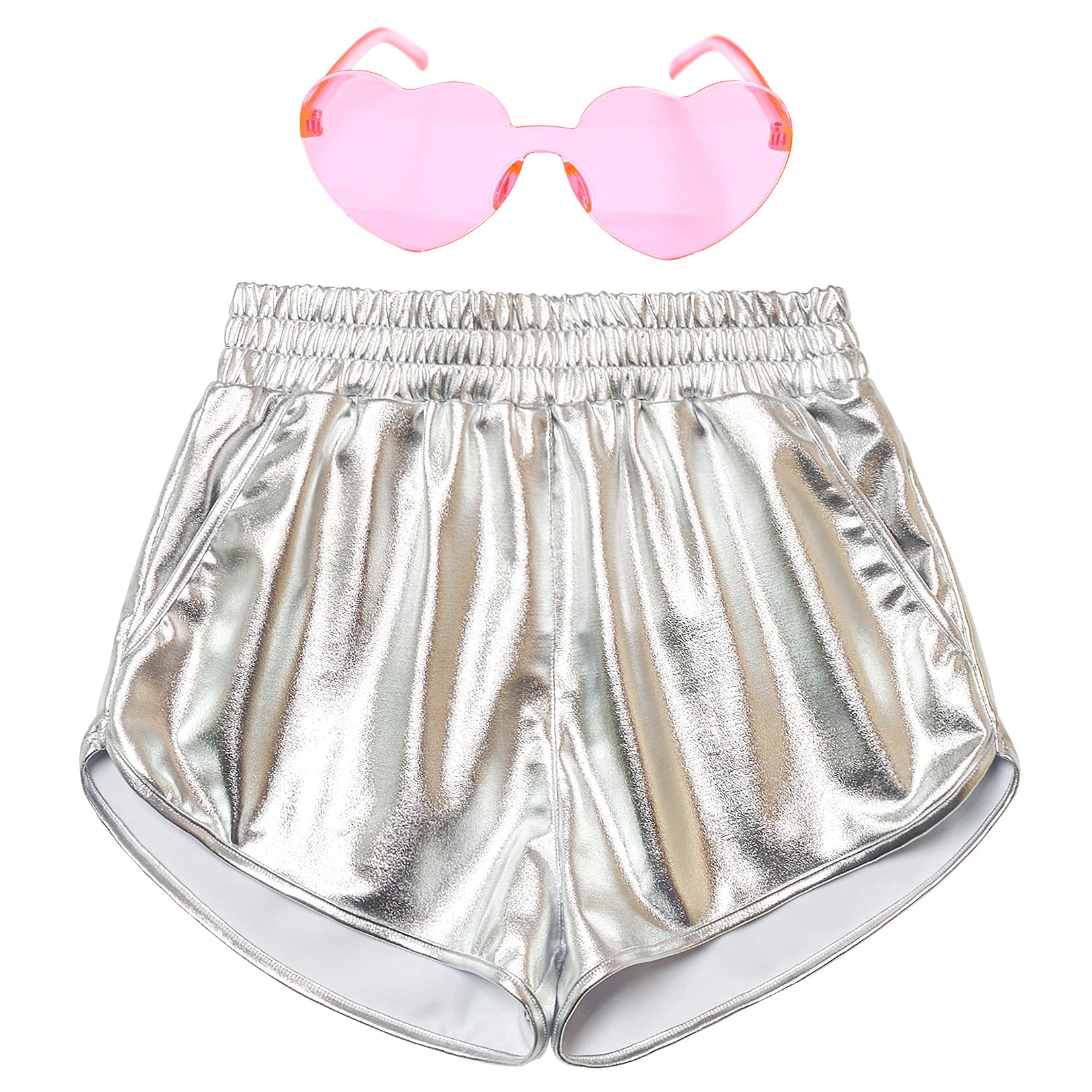 Mirawise Girls Metallic Shorts Shiny Hot Pants Sparkly Dance Outfits Short Pants with Sunglasses