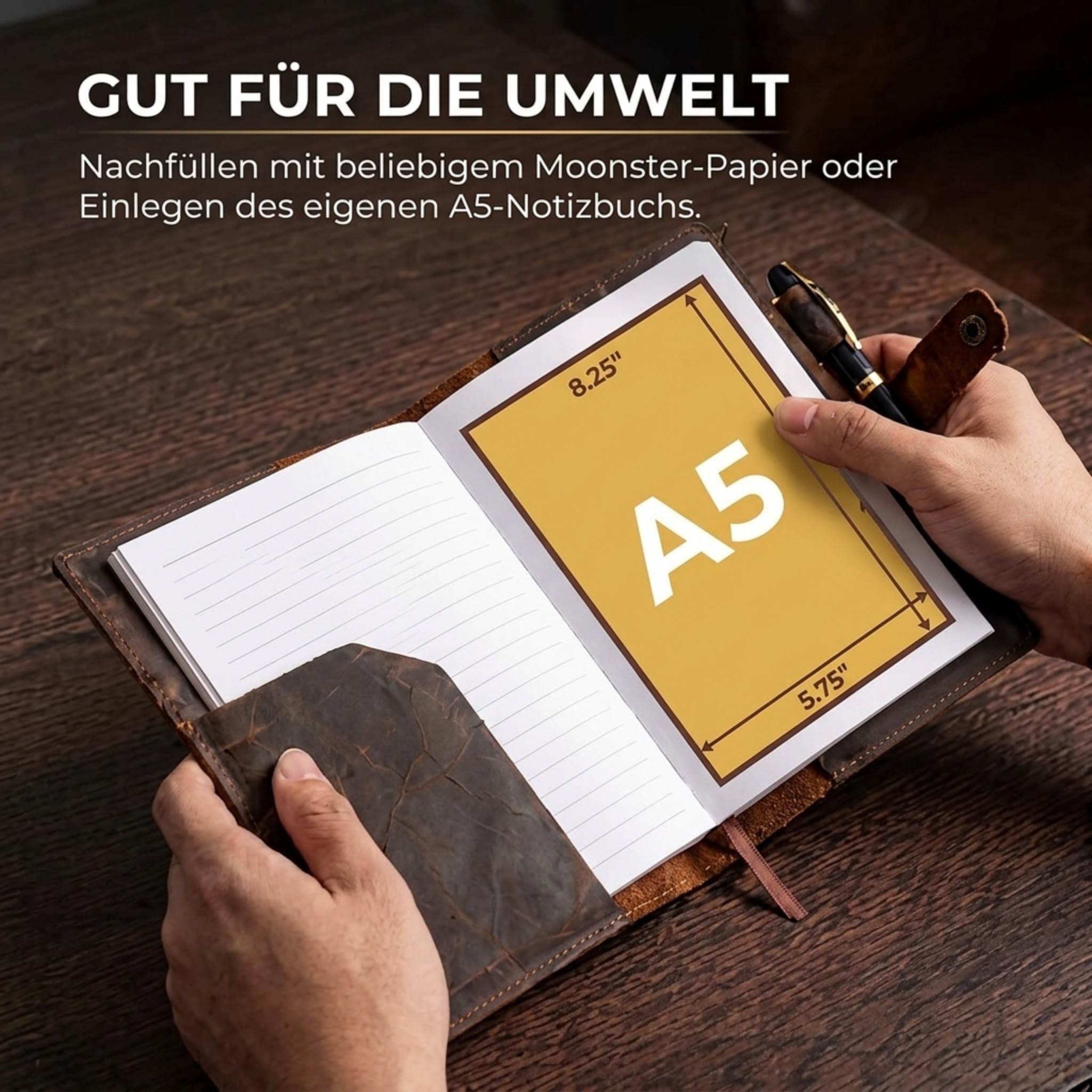 moonster Nachfüllbares Tagebuch Leder A5 – Notizbuch für Damen – Notizbuch Leder A5 - Ledereinband für Notizbücher mit Stift – Einband Liniert – Edles Notizbuch - Leather Cover Journal