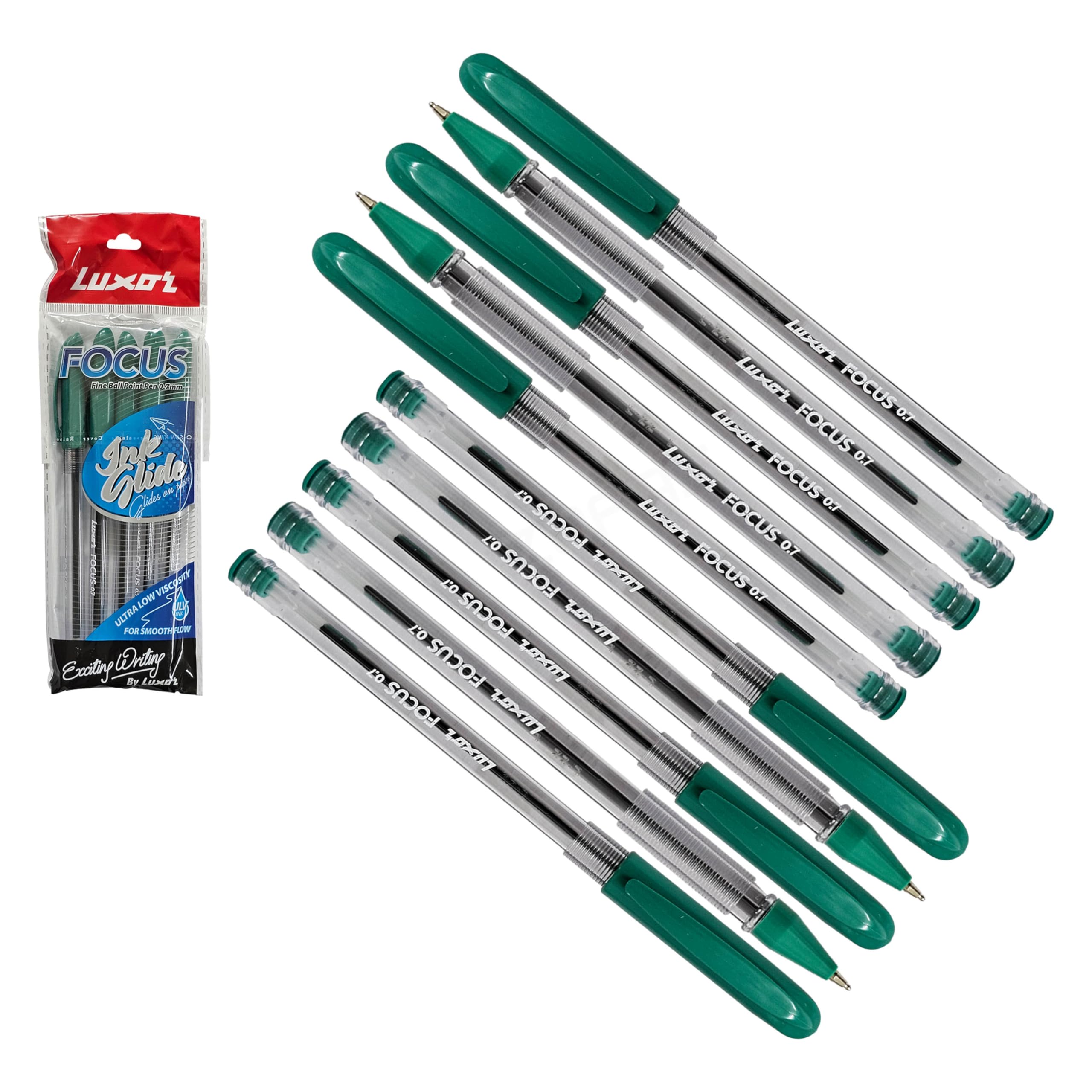 Focus Glide Ballpoint Pens, GREEN, Fine Point (0.7mm), Pack of 10, Smooth Ball Pens, Ridged Effortless Grip, School Office Home Use, iZOFAX Black Ball Pen