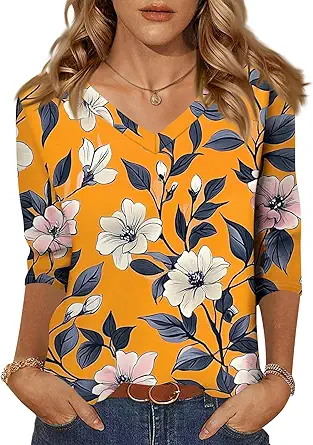 HTHLVMD Womens 3/4 Length Sleeve Tunic Tops Summer Fall Outfits 2025 Three Quarter Sleeve Casual V Neck T Shirts for Women