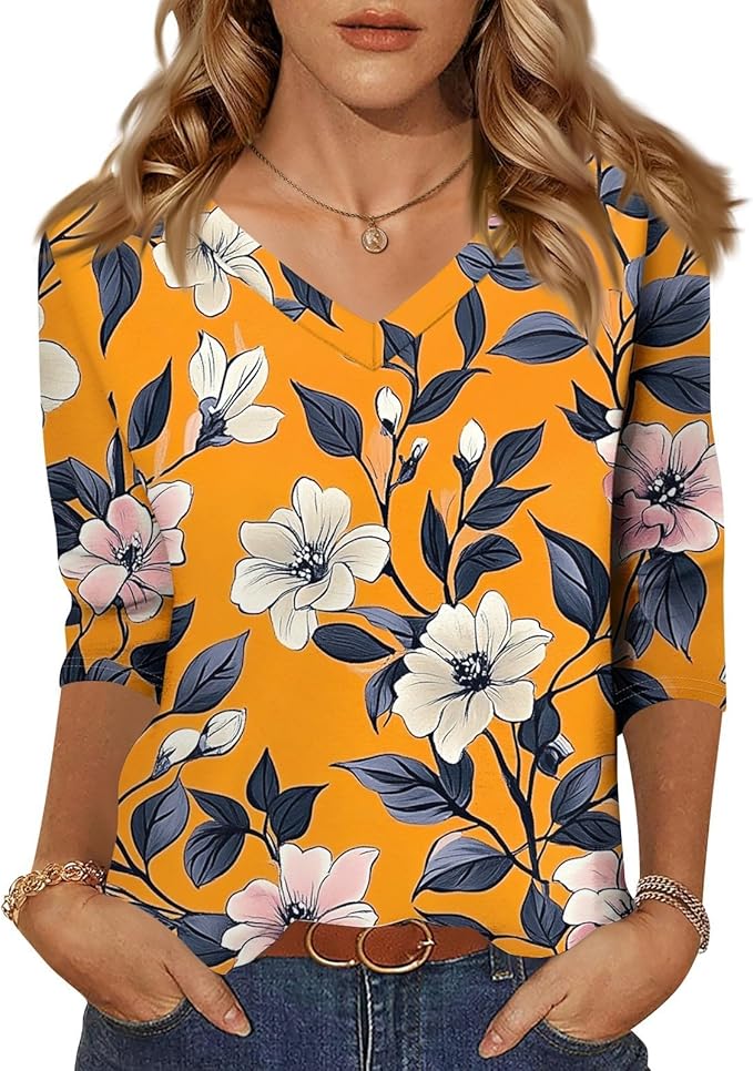 HTHLVMD Womens 3/4 Length Sleeve Tunic Tops Summer Fall Outfits 2025 Three Quarter Sleeve Casual V Neck T Shirts for Women