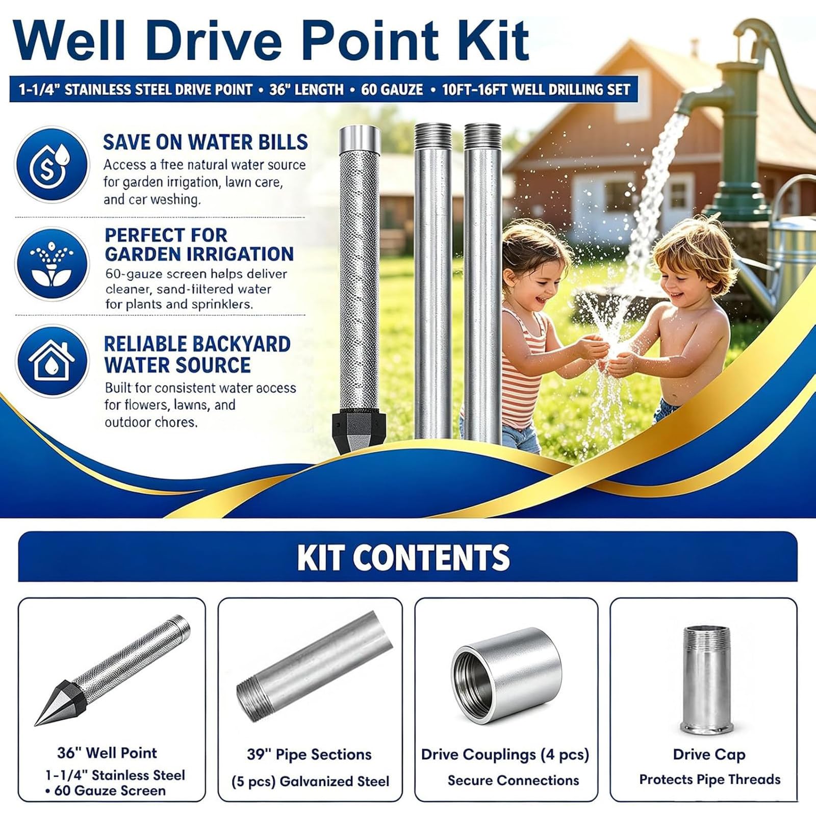 Kit Per Pozzo A Punta Sand Point 1-1/4 Pollice E Set Da 5 Tubi Prolunga