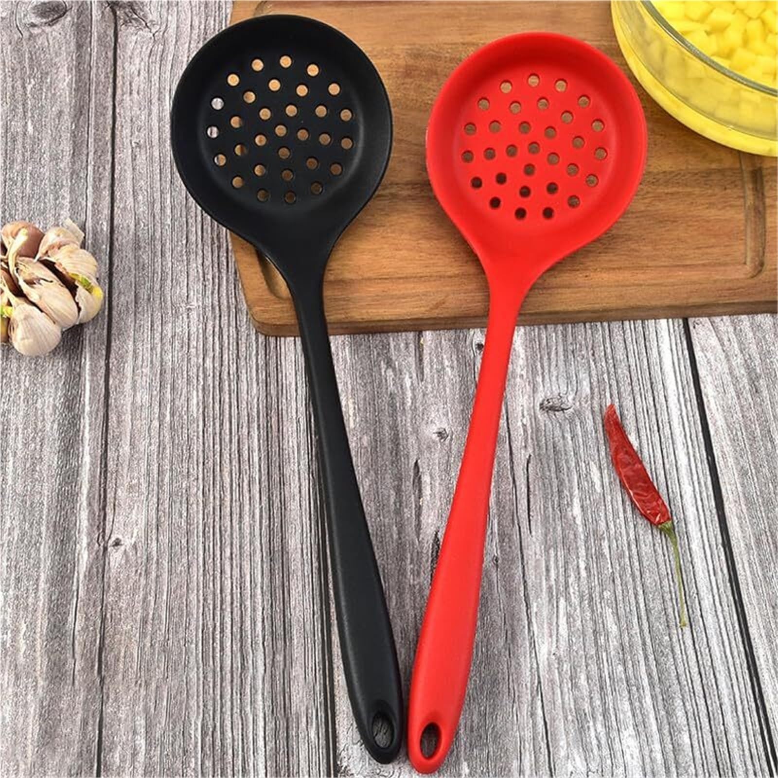 Espumadera De Cocina Filtro De Silicona con Mango Largo, Cacerola Antiadherente, Filtro De Cocina, Cuchara, Cacerola, Herramientas De Cocina para Cocinar Y Freír(Black)