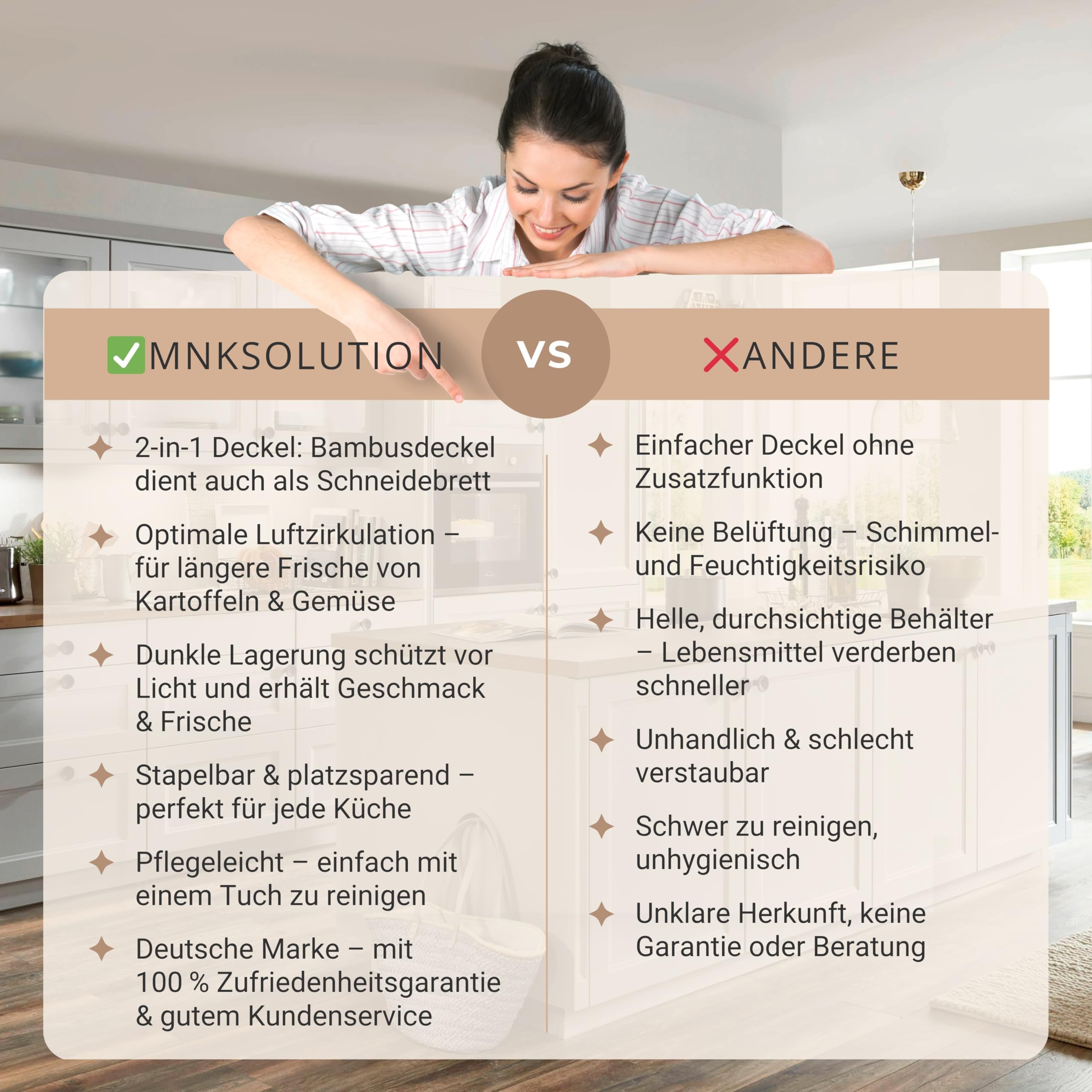 Kartoffel Aufbewahrungsbox Küche – 3er Set – Gemüse länger frisch – Vorratsbehälter für Kartoffel, Zwiebel & Gemüse – stapelbare Aufbewahrungsboxen mit Bambusdeckel – modern Weiß – MNKsolution