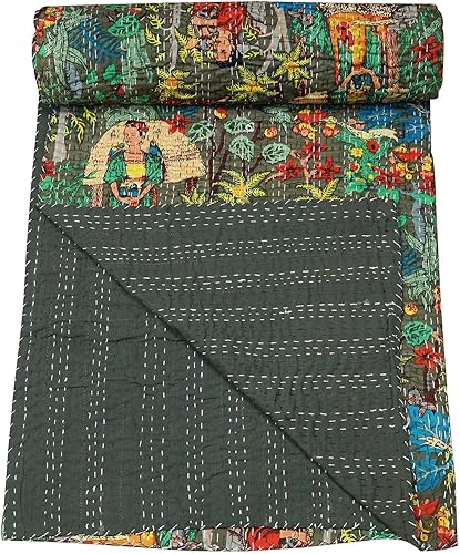 Miniatura 2 de Marubhumi Colcha de algodón puro Kantha con diseño tradicional indio de Farida (gris, individual (60 x 90 pulgadas)