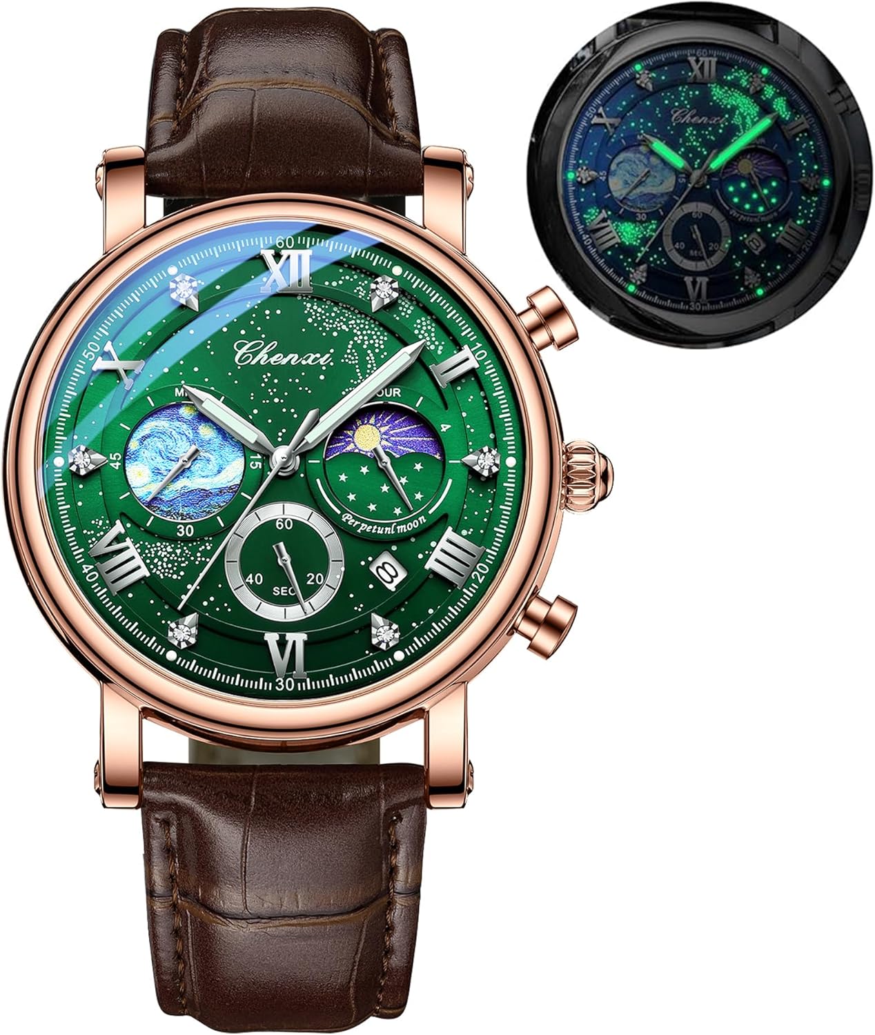 FANMIS Men's Classic Multifunctional Military Sports Analog Watch Business Dress Waterproof Luminous Chronograph Starry Sky Moon Phase Leather Wristwatch