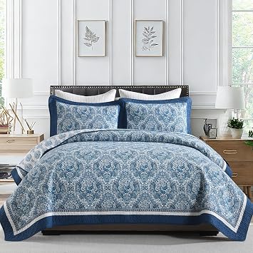 Quilts Queen Size - 3 Pieces Queen Quilt Set with Matching Shams, Vintage Paisley Ditsy Floral Design Reversible Bedding Bedspread, 100% Cotton Lightweight Coverlet for All Season, Blue