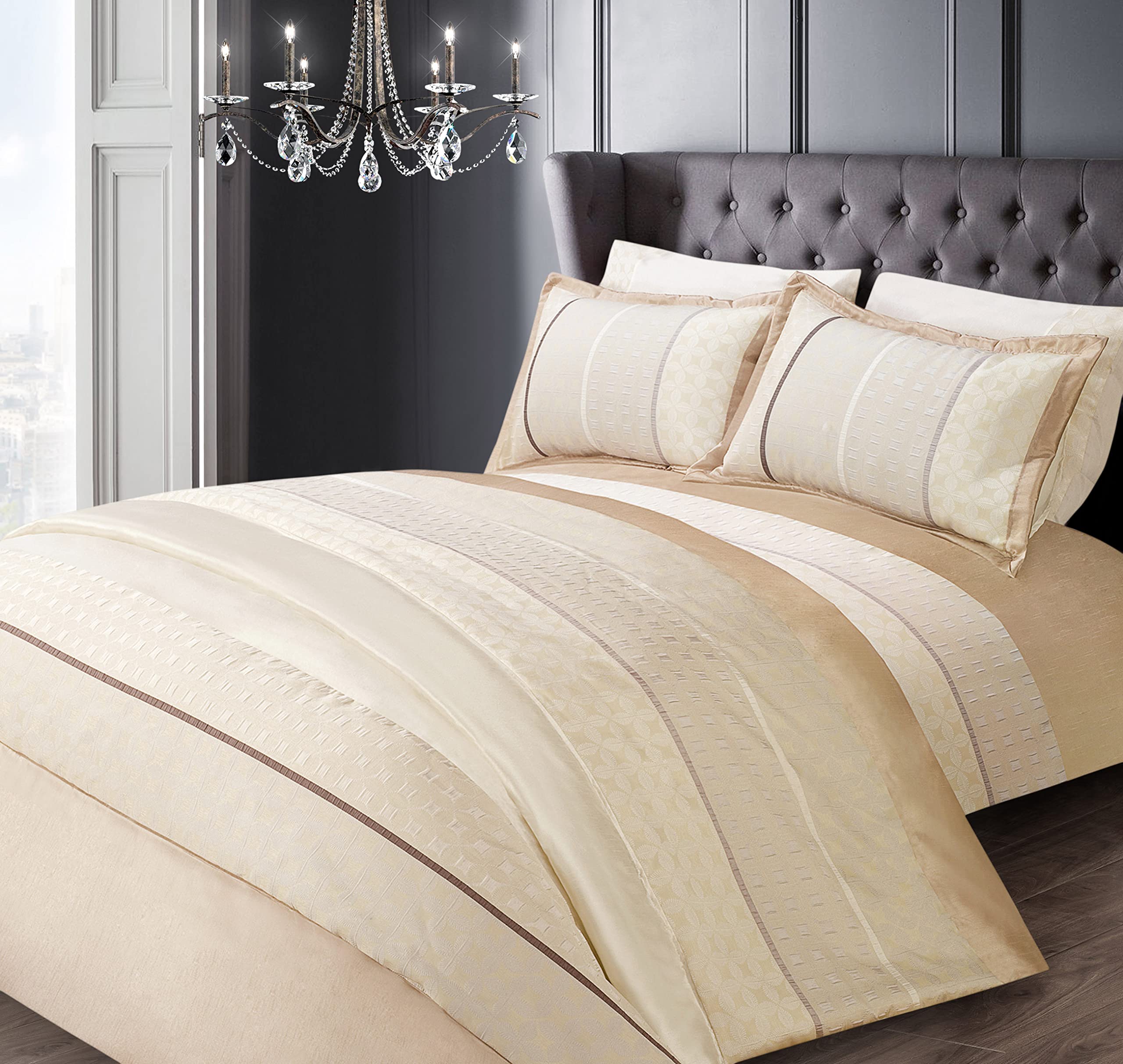 Sweet Dreams Jacquard Premium Quilted Comforter Bed Throw Bedspread Set Gold Beige with matching pillowshams (Cream, Super King Comforter Set)