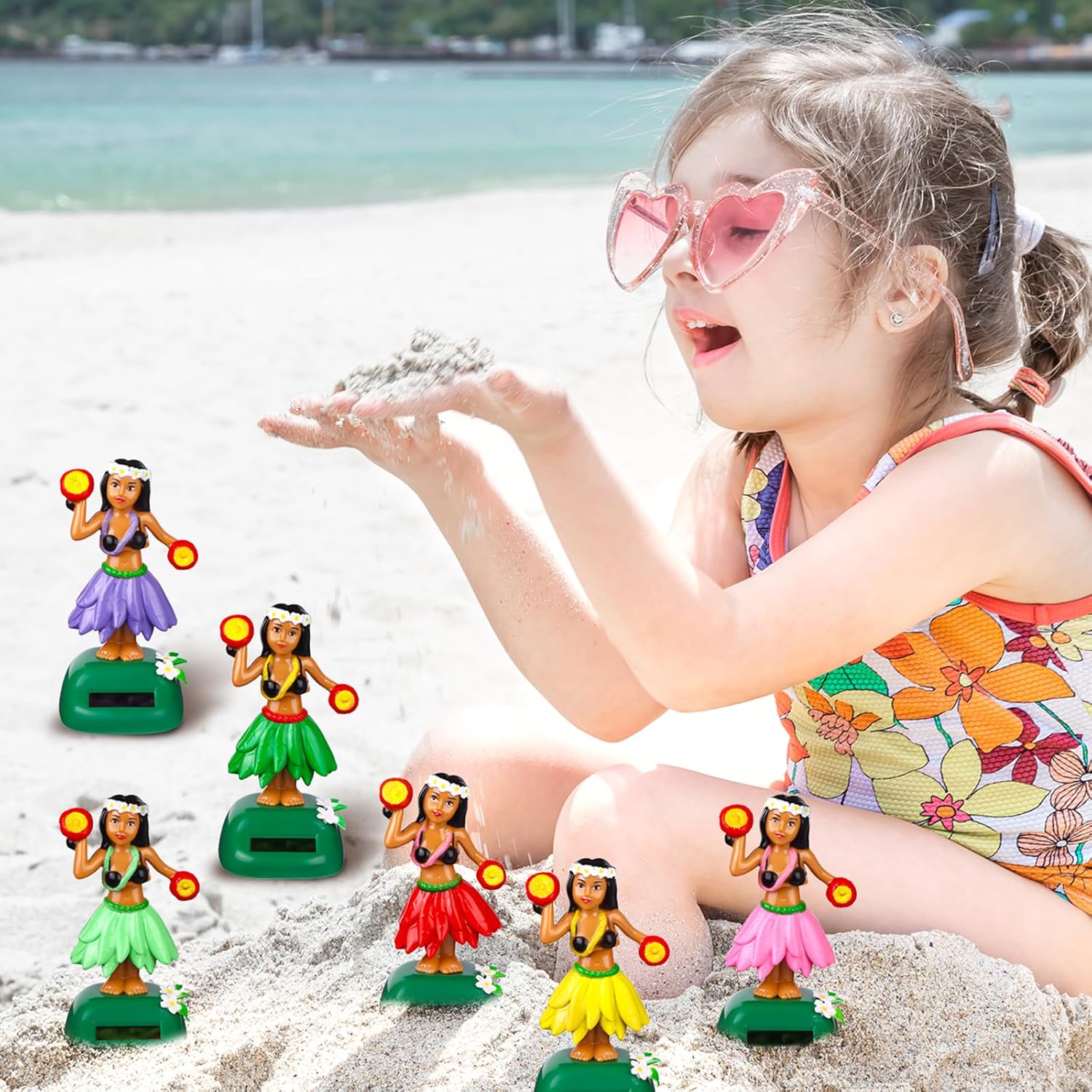 6 Pack Hawaii Girl Solar Powered Dancing Toys Car Shaking Head Dancer Doll Girl Dashboard Bobble Hawaii Car Windowsill Decor Interior Dashboard Doll Multi-Color for Party Office Desk Home