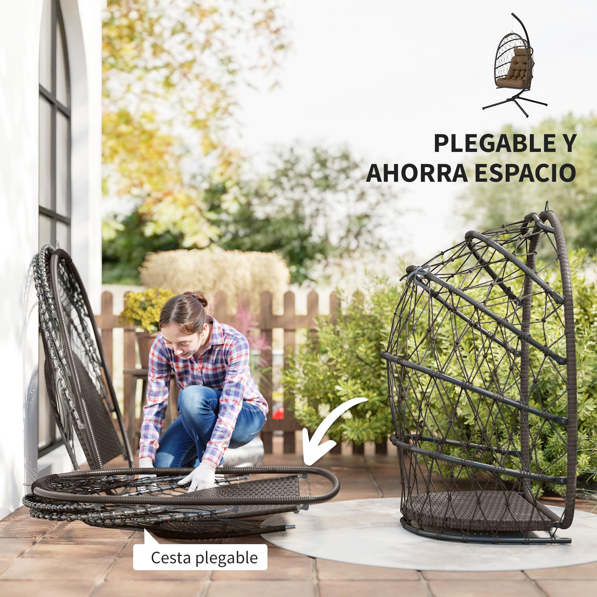 Outsunny Silla Colgante Huevo con Soporte, Columpio Jardín Exterior con Cesta Plegable de Ratán, Cojín Grueso, Reposacabezas, Altura Ajustable, Cuerda para Interior y Exterior, Marrón