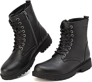 Womens Boots Lightweight Waterproof Combat Boots Ankle Boots For Women Causal Side Zipper Lace-up Low Heel Black Boots Non Slip Outdoor Walking Boots Ladies