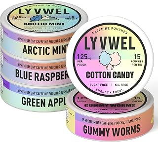 LyvWel 125mg 카페인 에너지 파우치 - 집중력과 체력을 위한 과라나가 함유된 청정 에너지 - 5팩 (총 파우치 75개) (5팩, 멀티팩)
