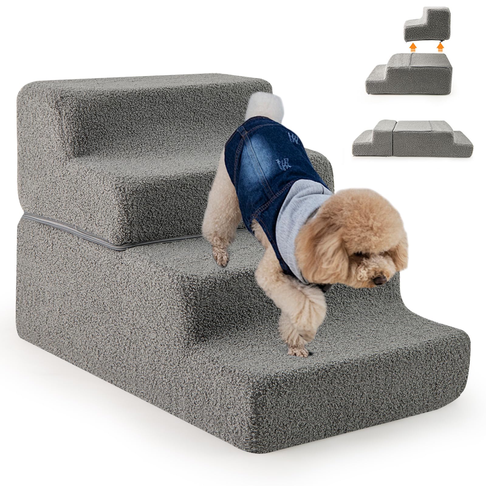 GYMAX Escalera para Perros 4 Peldaños, Rampa Plegable para Mascotas con Base Antideslizante, Combinaciones Desmontables, Escalera de Espuma para Sofá Cama, para Perros/Gatos Pequeños y Ancianos, Gris