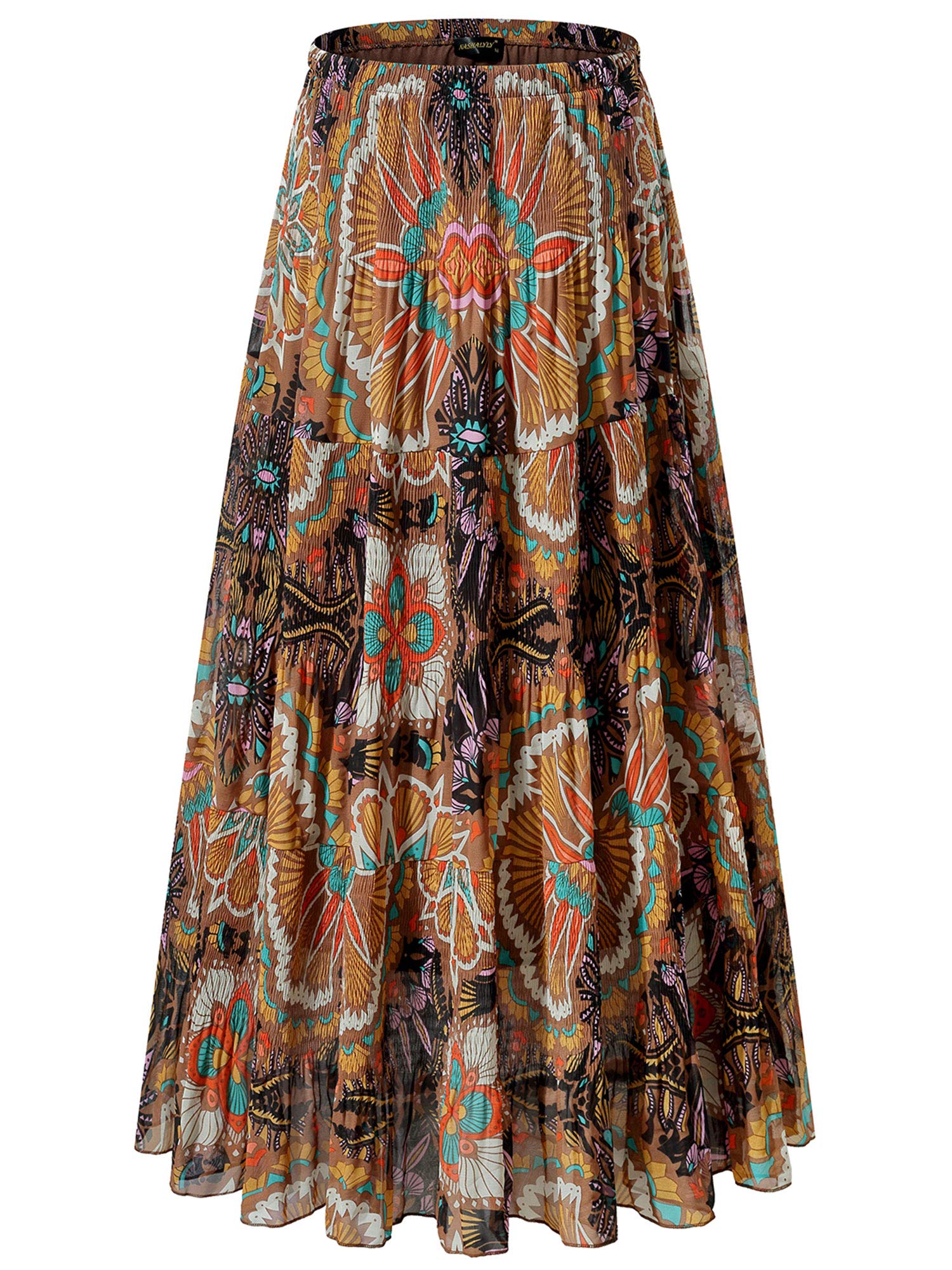 NASHALYLYWomen's Chiffon Elastic High Waist Pleated A-Line Flared Maxi Skirts, Flower-205, S