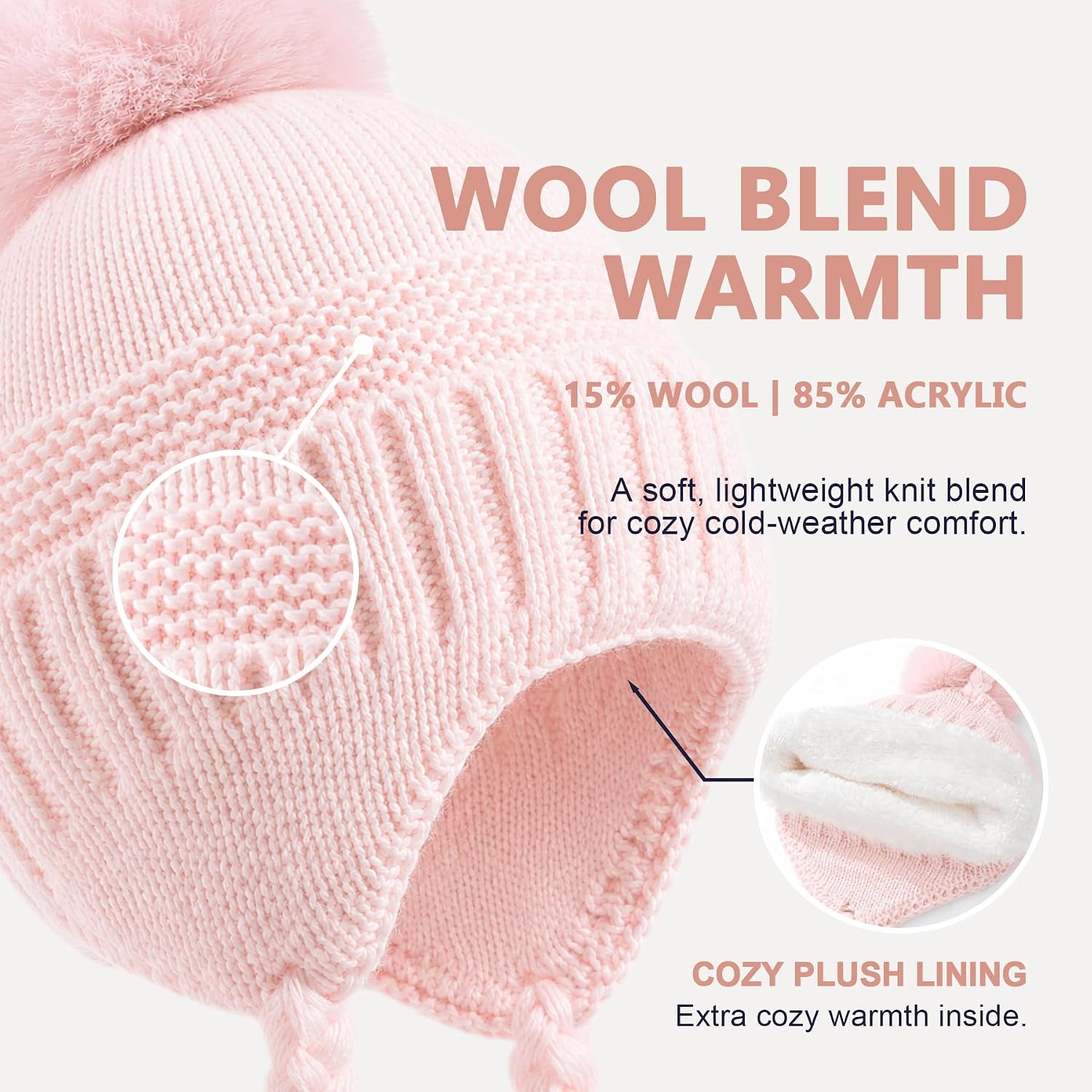 Baby Girl Winter Hat and Mittens Set, Wool Blend Pom Pom Beanie With Ear Flaps, For Infant Toddler Girls 0-4T